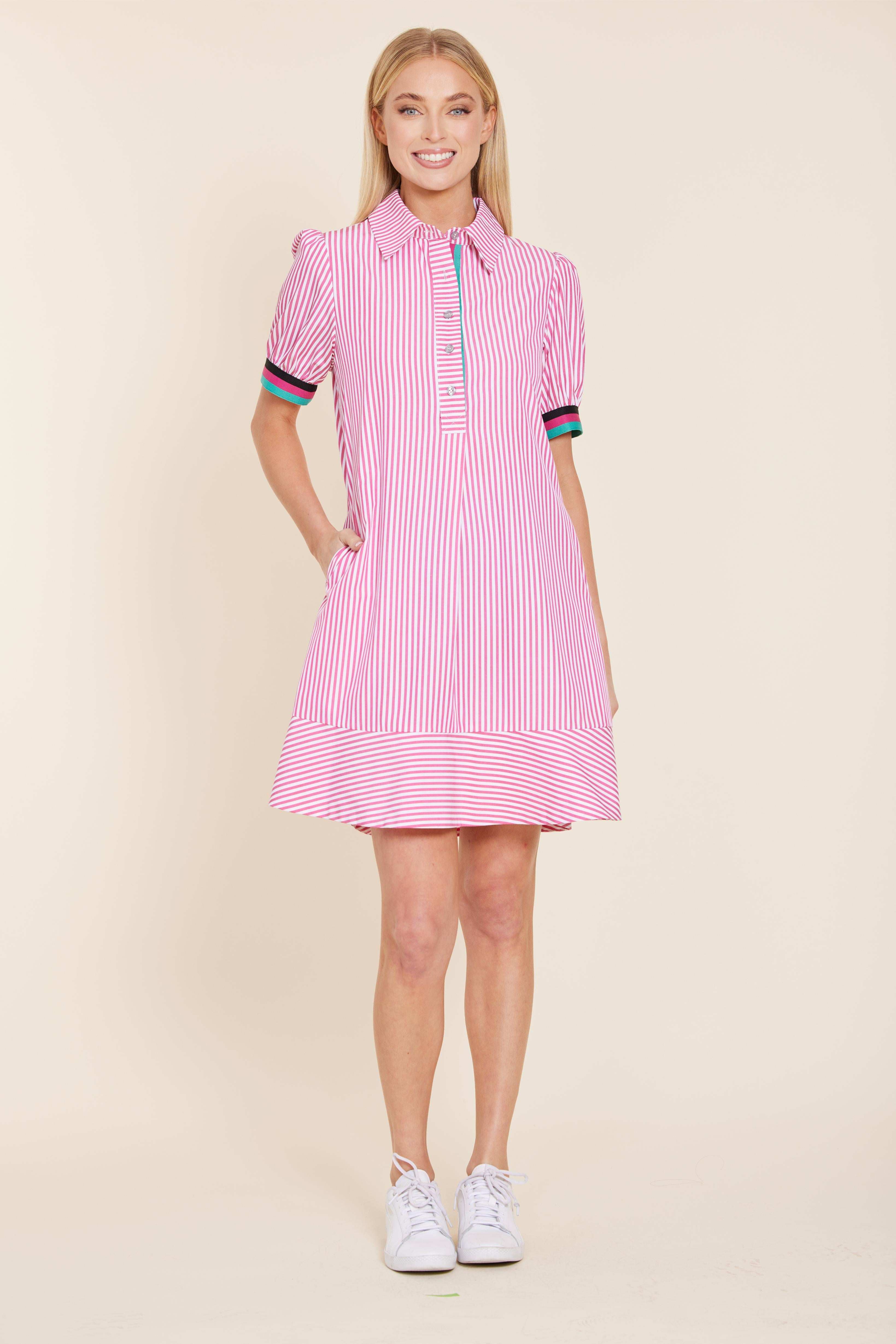 Poplin Shirt Dress with Knit Stripe Trim