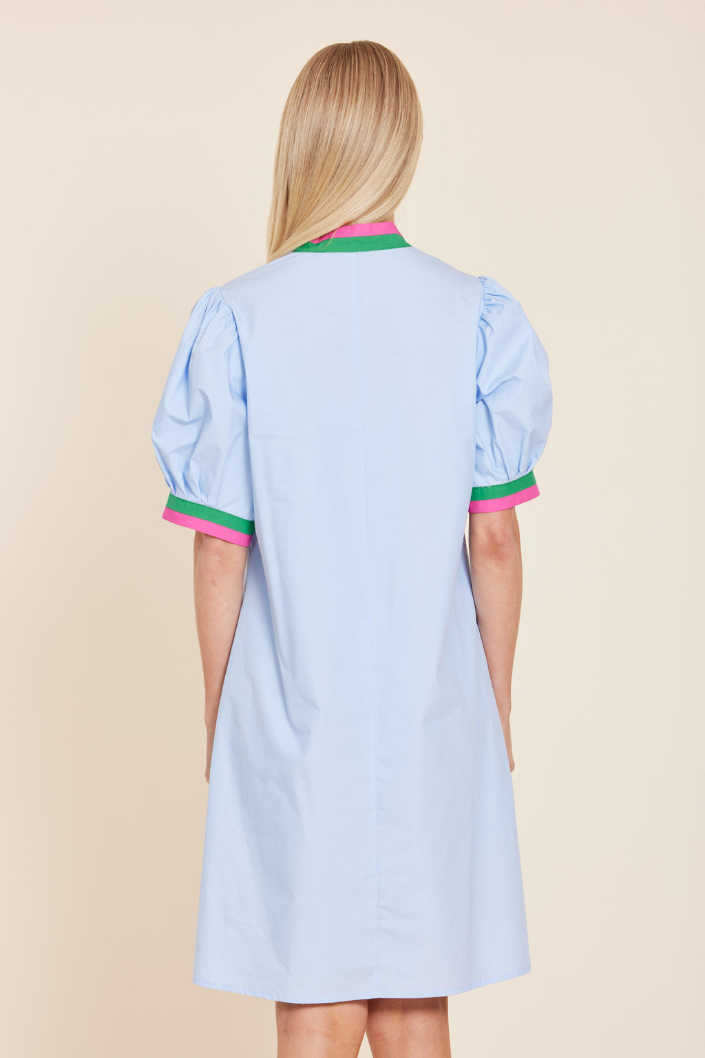 Poplin V-neck Dress with Stripe Trim