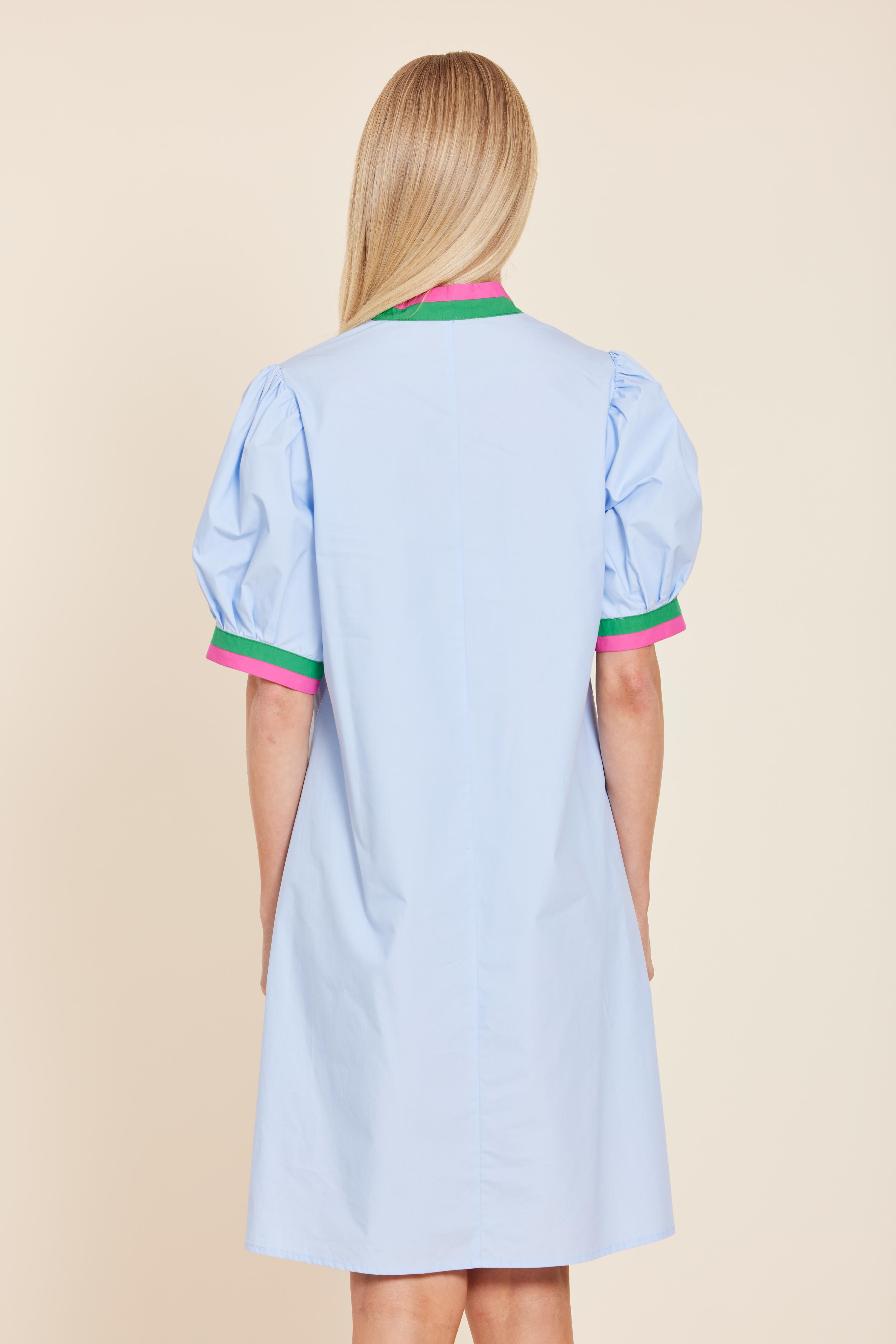 Poplin V-neck Dress with Stripe Trim