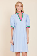 Poplin V-neck Dress with Stripe Trim