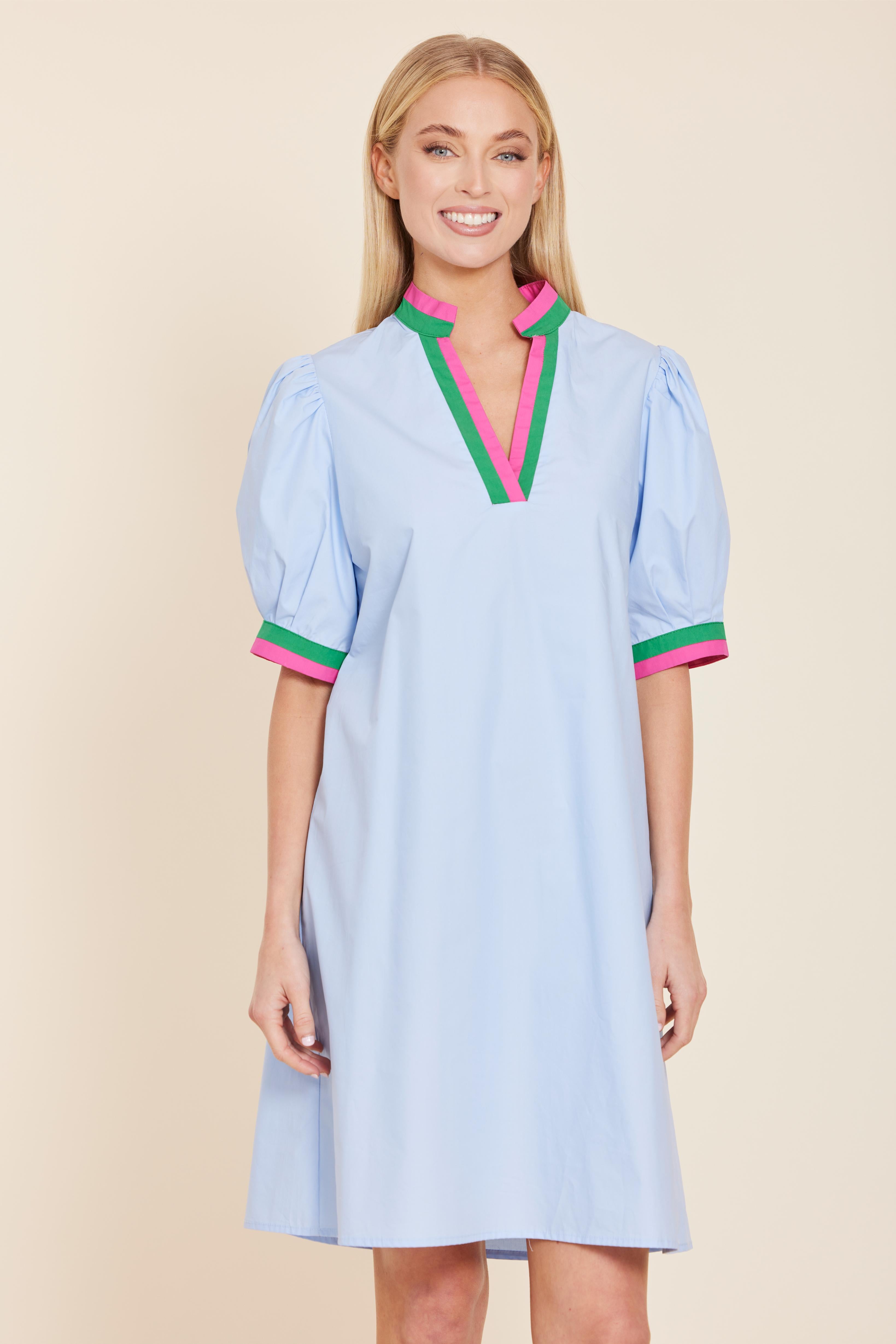 Poplin V-neck Dress with Stripe Trim