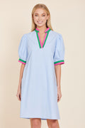 Poplin V-neck Dress with Stripe Trim