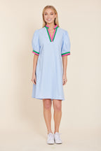 Poplin V-neck Dress with Stripe Trim