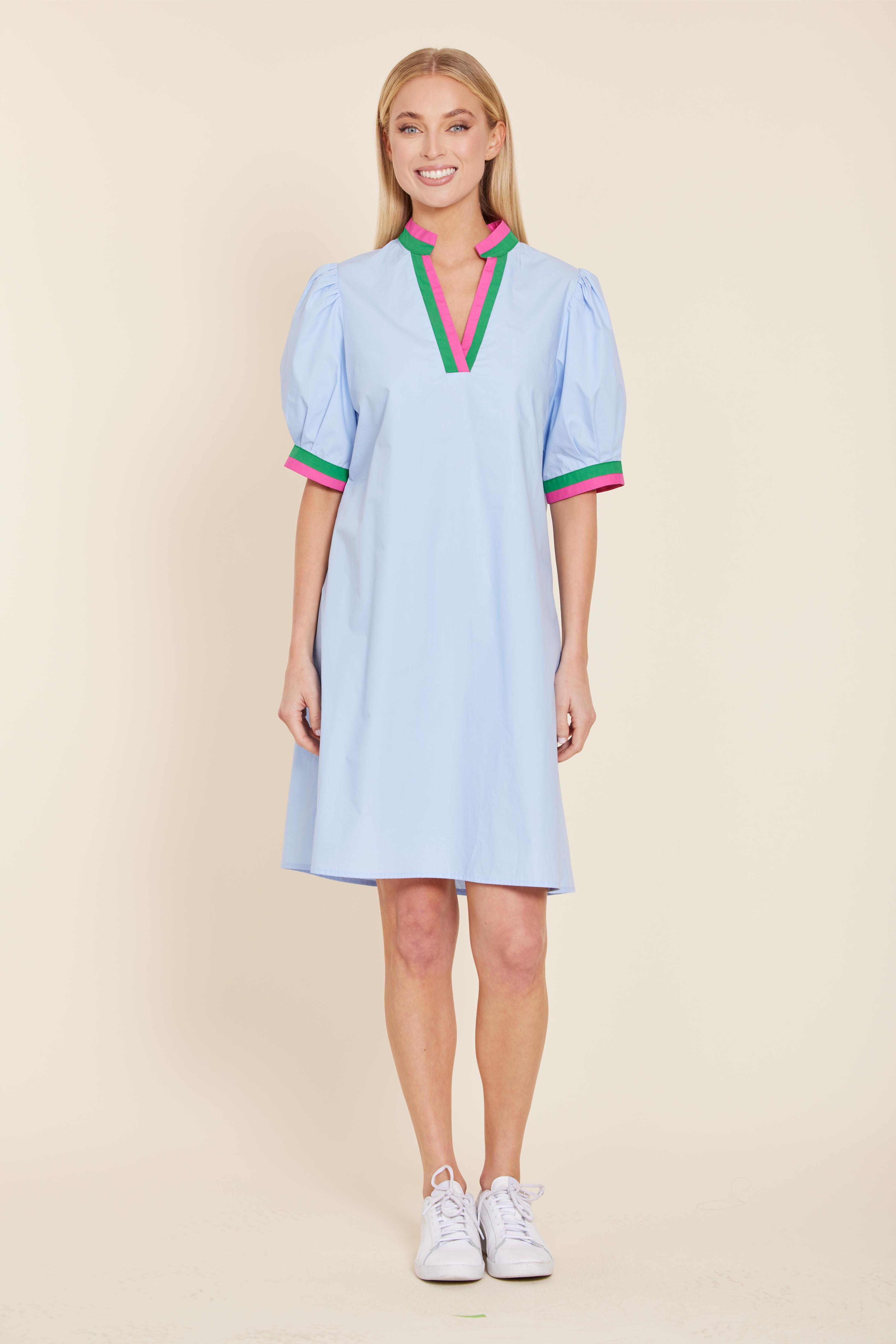 Poplin V-neck Dress with Stripe Trim