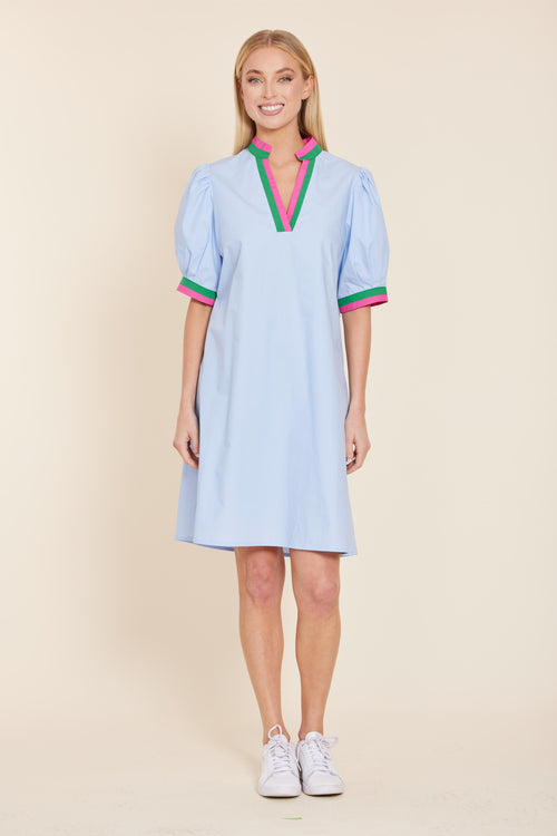 Poplin V-neck Dress with Stripe Trim