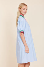 Poplin V-neck Dress with Stripe Trim