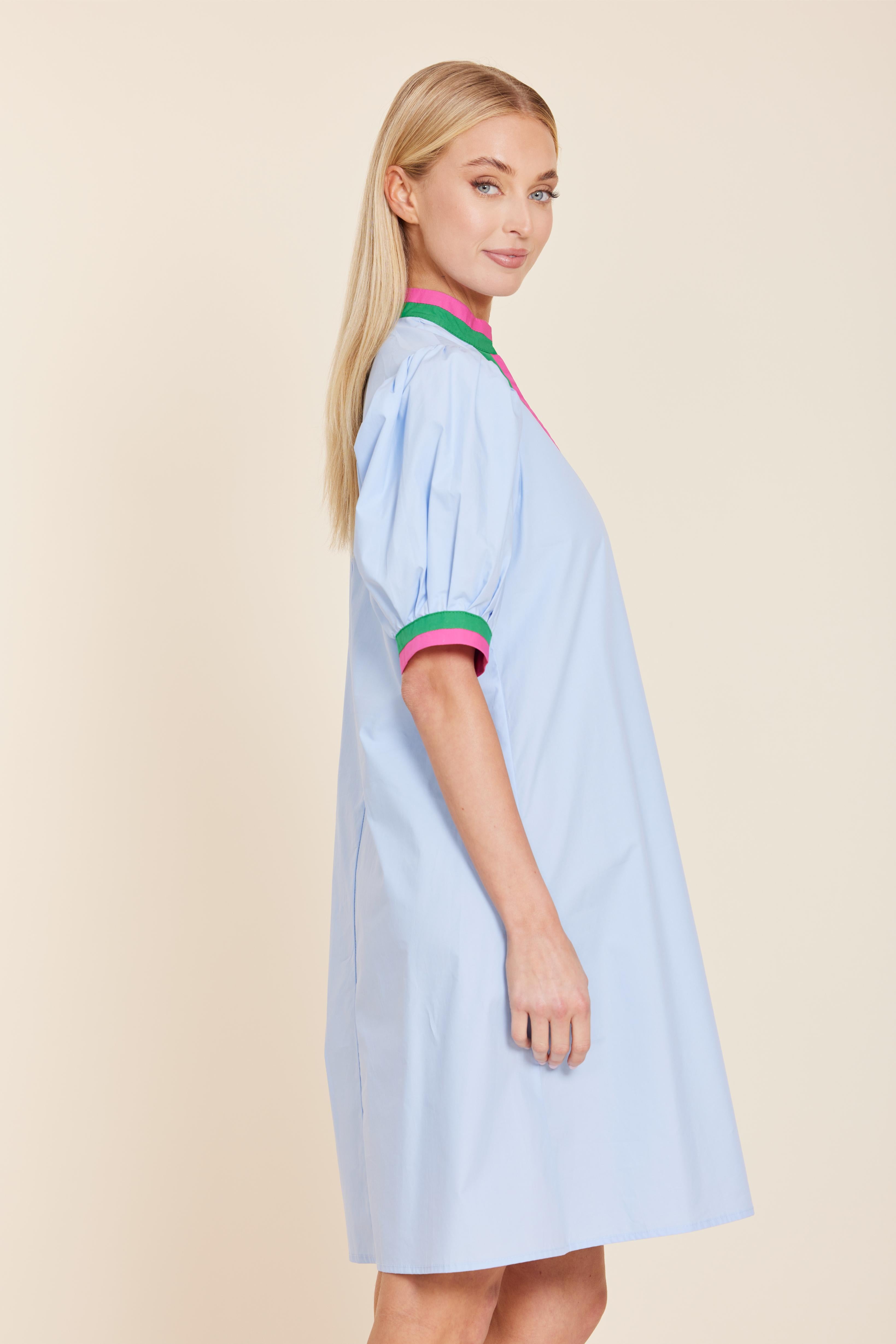 Poplin V-neck Dress with Stripe Trim