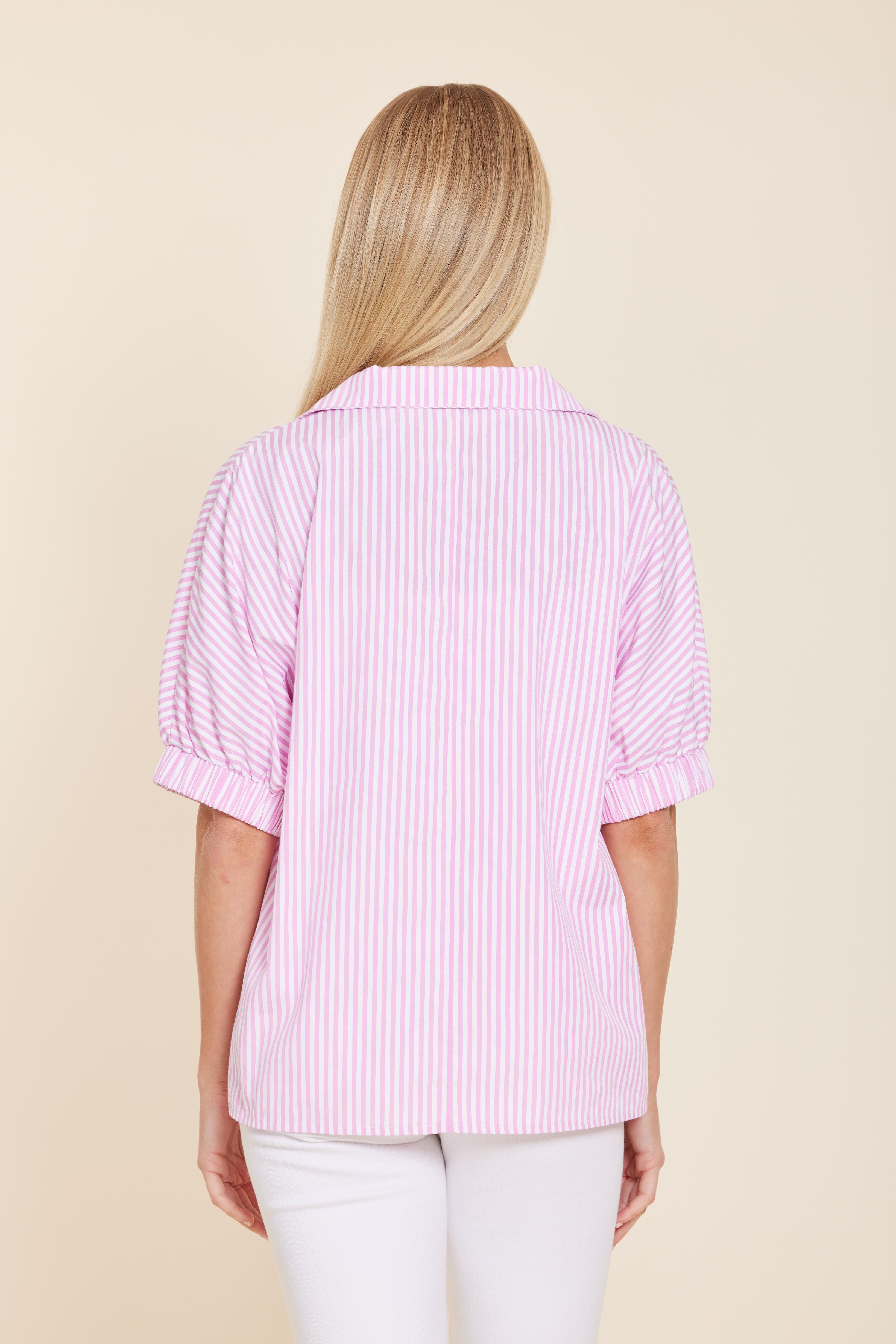 Poplin Stripe Top with Knit Neck Trim