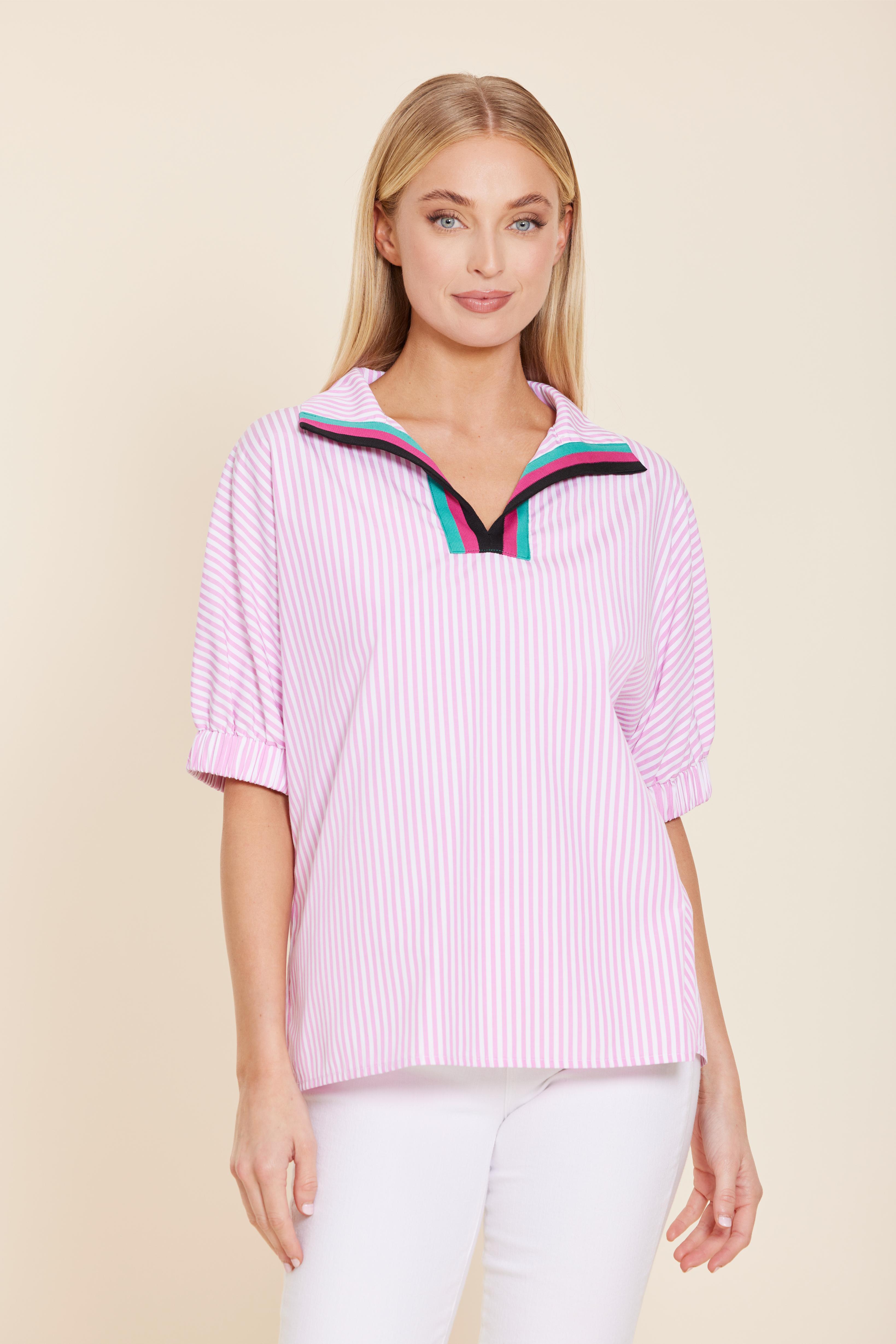 Poplin Stripe Top with Knit Neck Trim