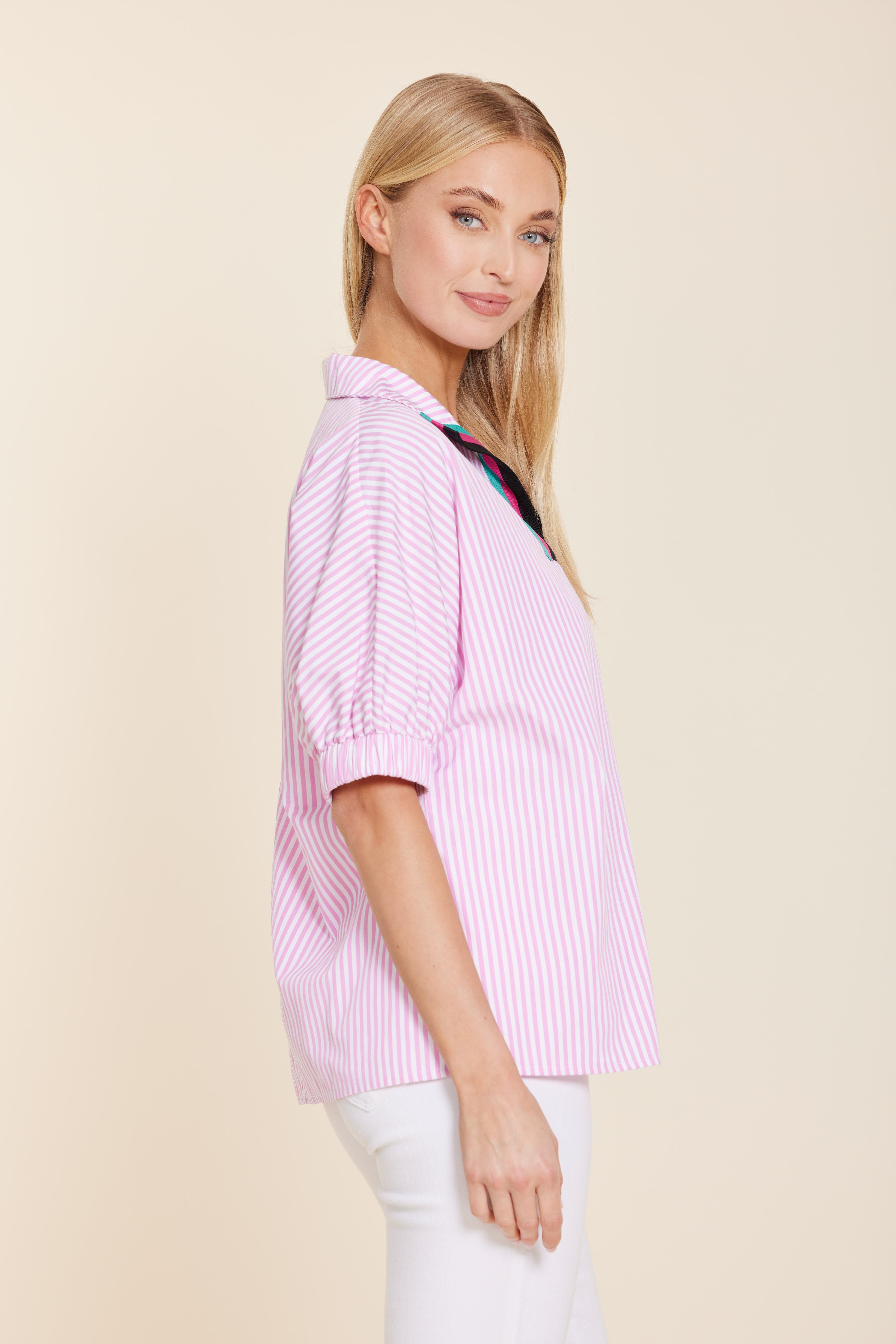 Poplin Stripe Top with Knit Neck Trim