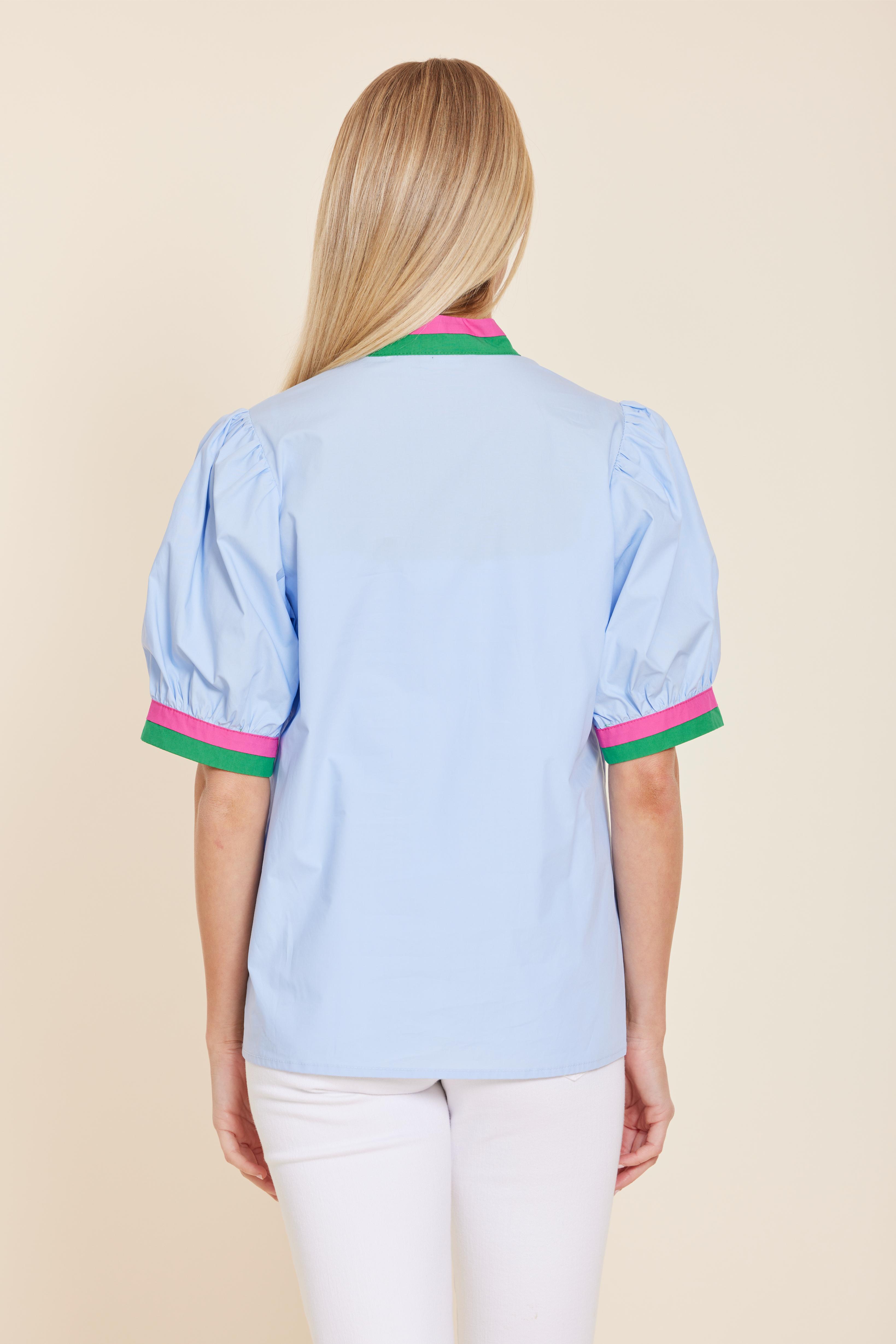 Poplin V-neck Top with Stripe Trim