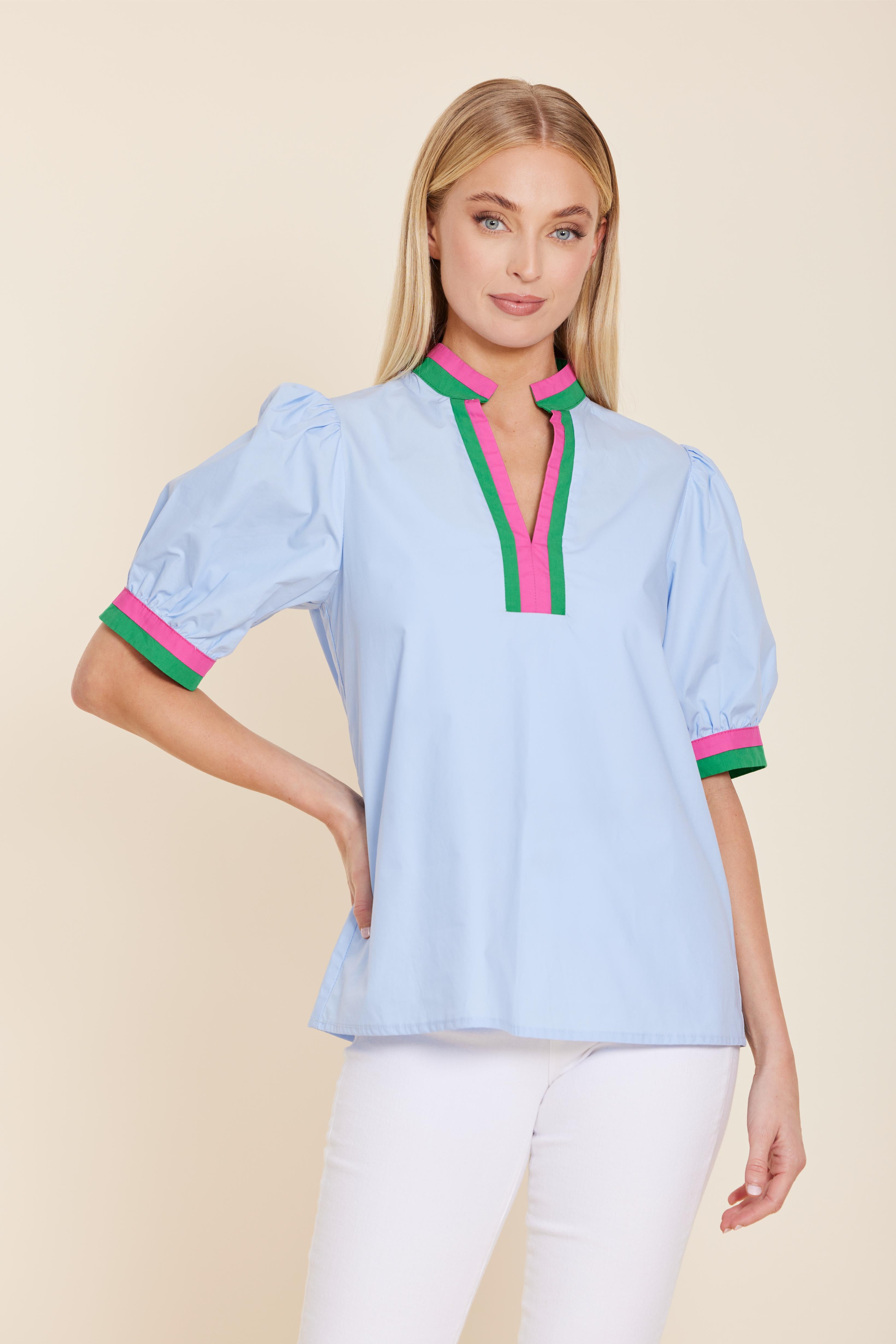Poplin V-neck Top with Stripe Trim