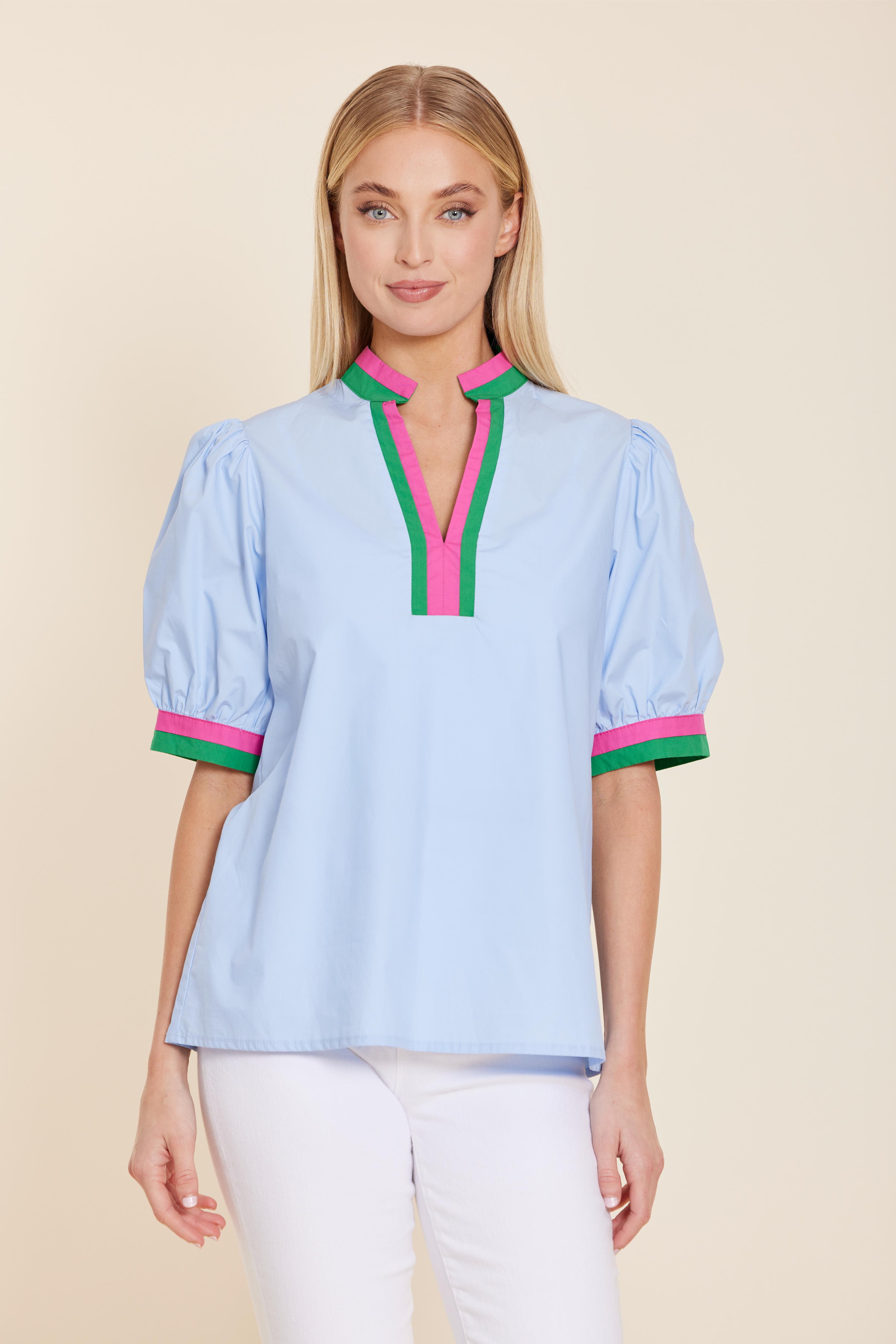 Poplin V-neck Top with Stripe Trim