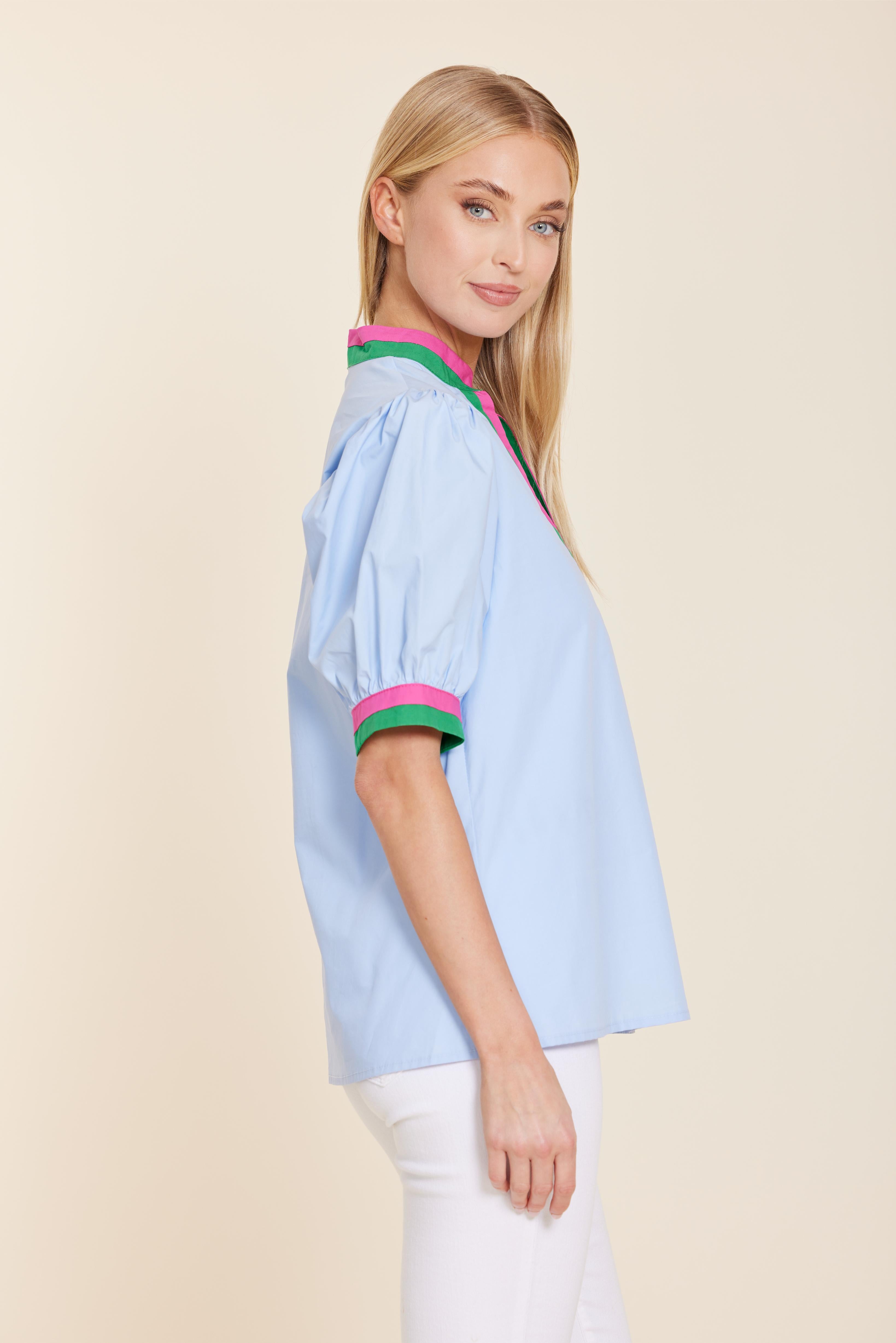 Poplin V-neck Top with Stripe Trim