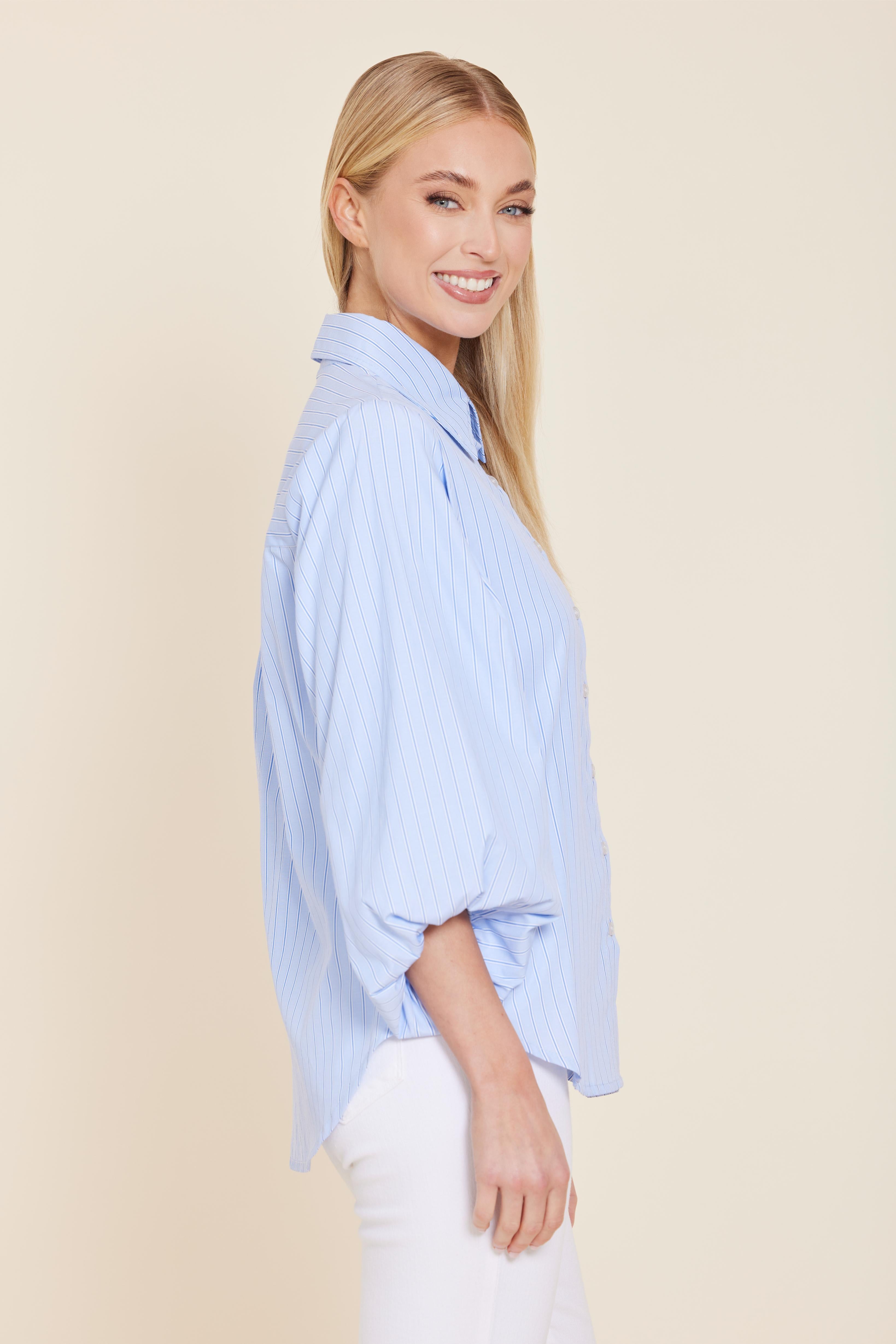 Poplin Striped Exaggerated Sleeve Top