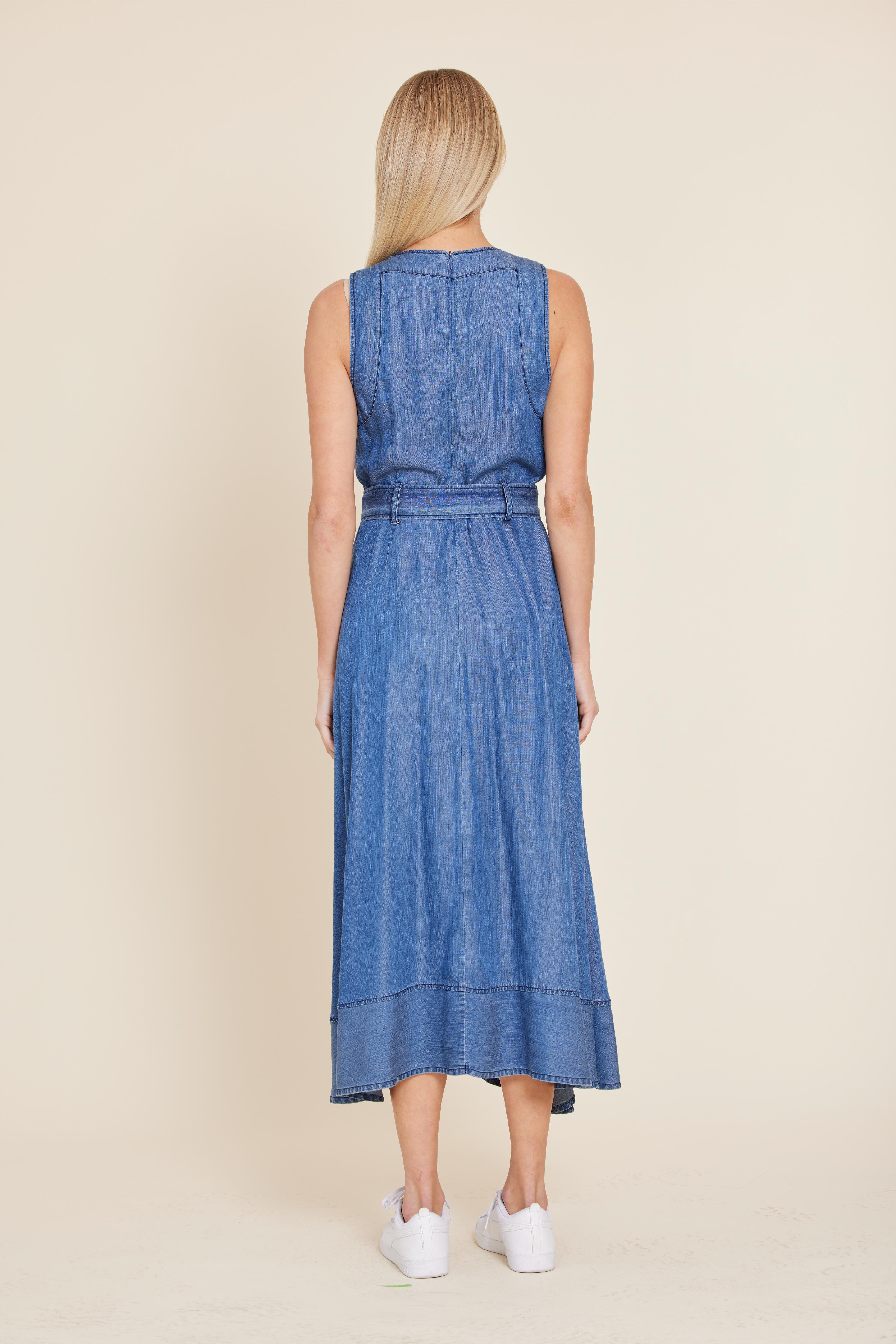 Denim Sleeveless Belted Asymmetrical Dress