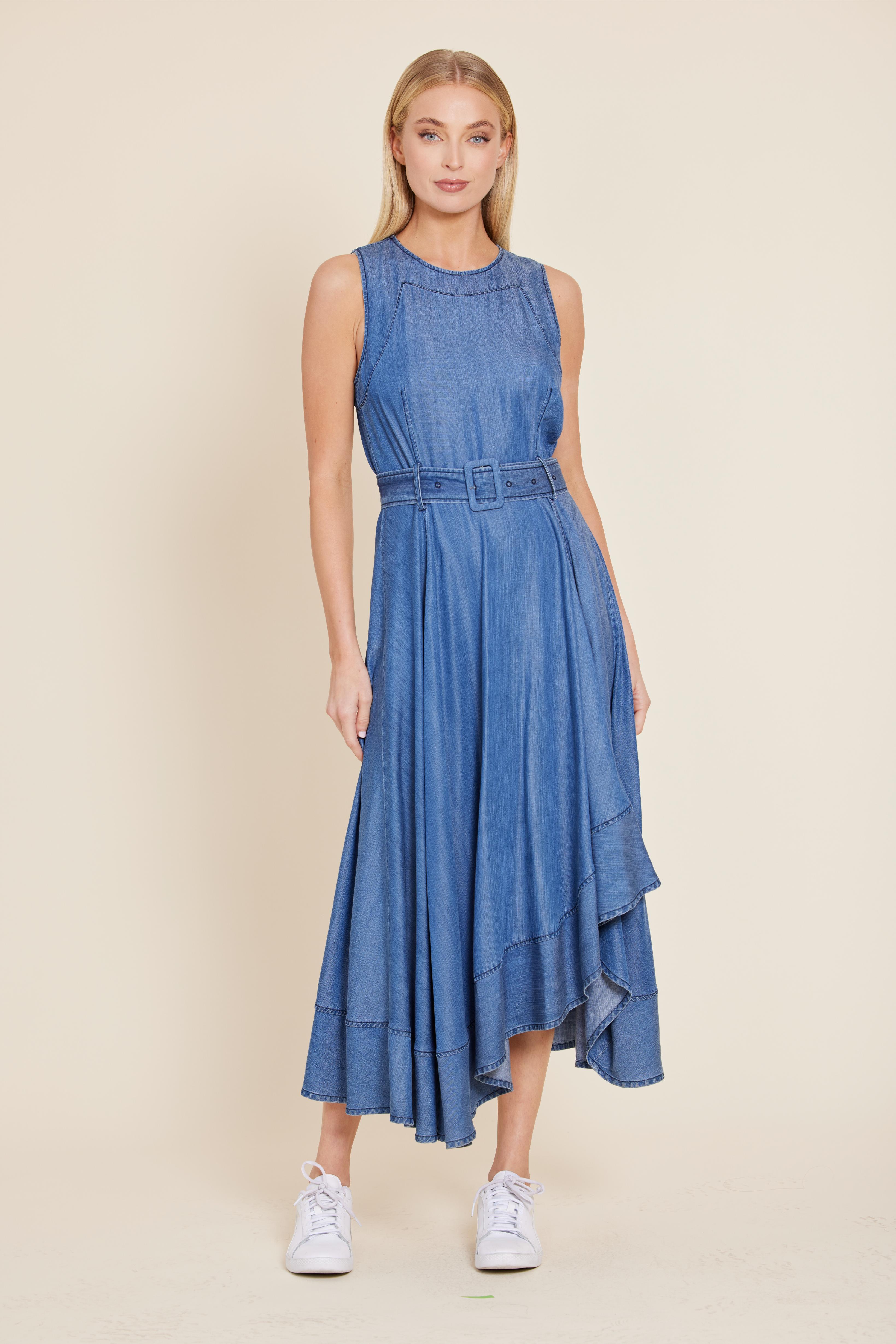 asymmetrical denim dress Denim Sleeveless Belted Asymmetrical Dress Denim / L