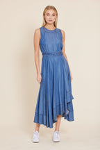 Denim Sleeveless Belted Asymmetrical Dress