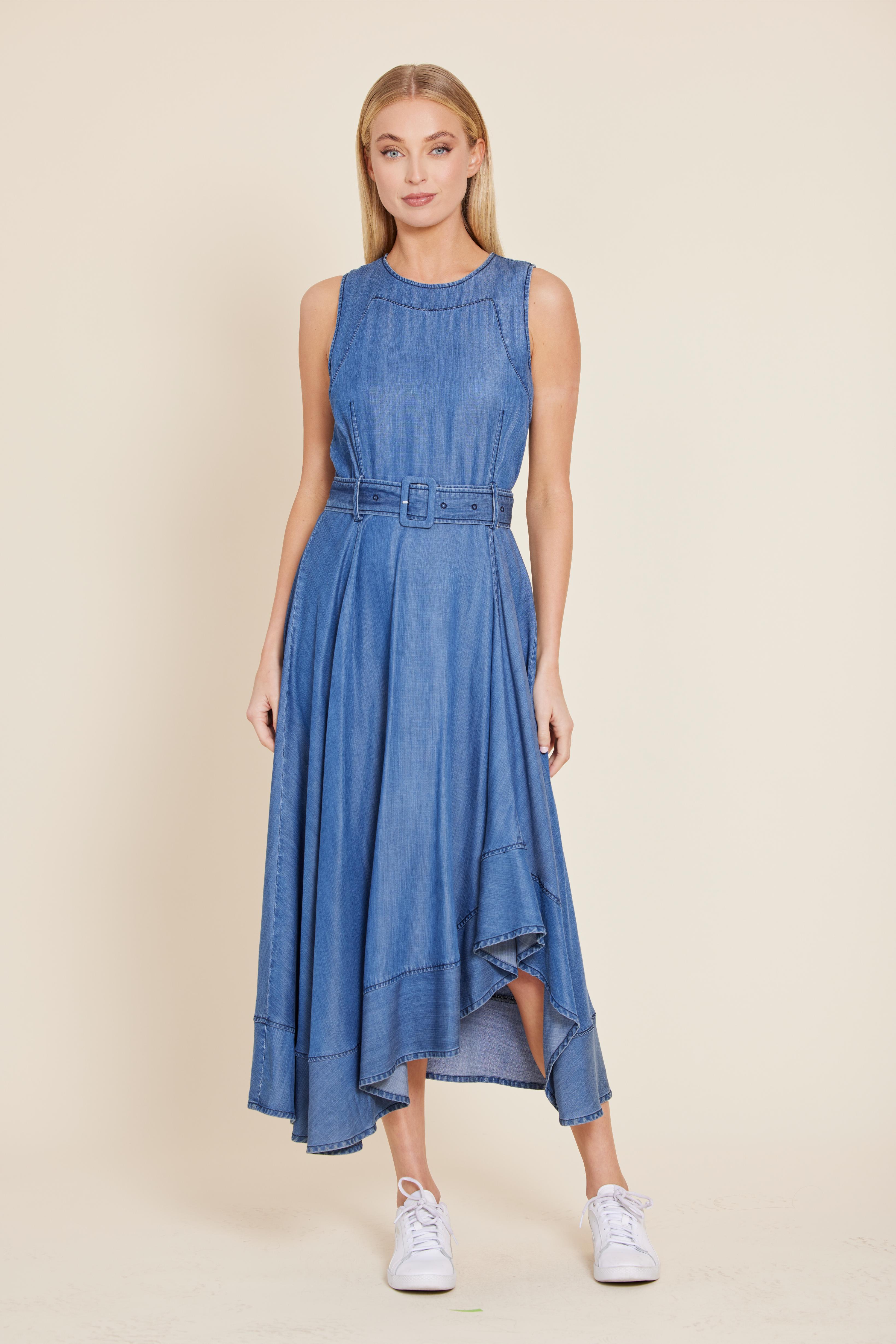 Denim Sleeveless Belted Asymmetrical Dress Denim / L Denim Sleeveless Belted Asymmetrical Dress Denim / L
