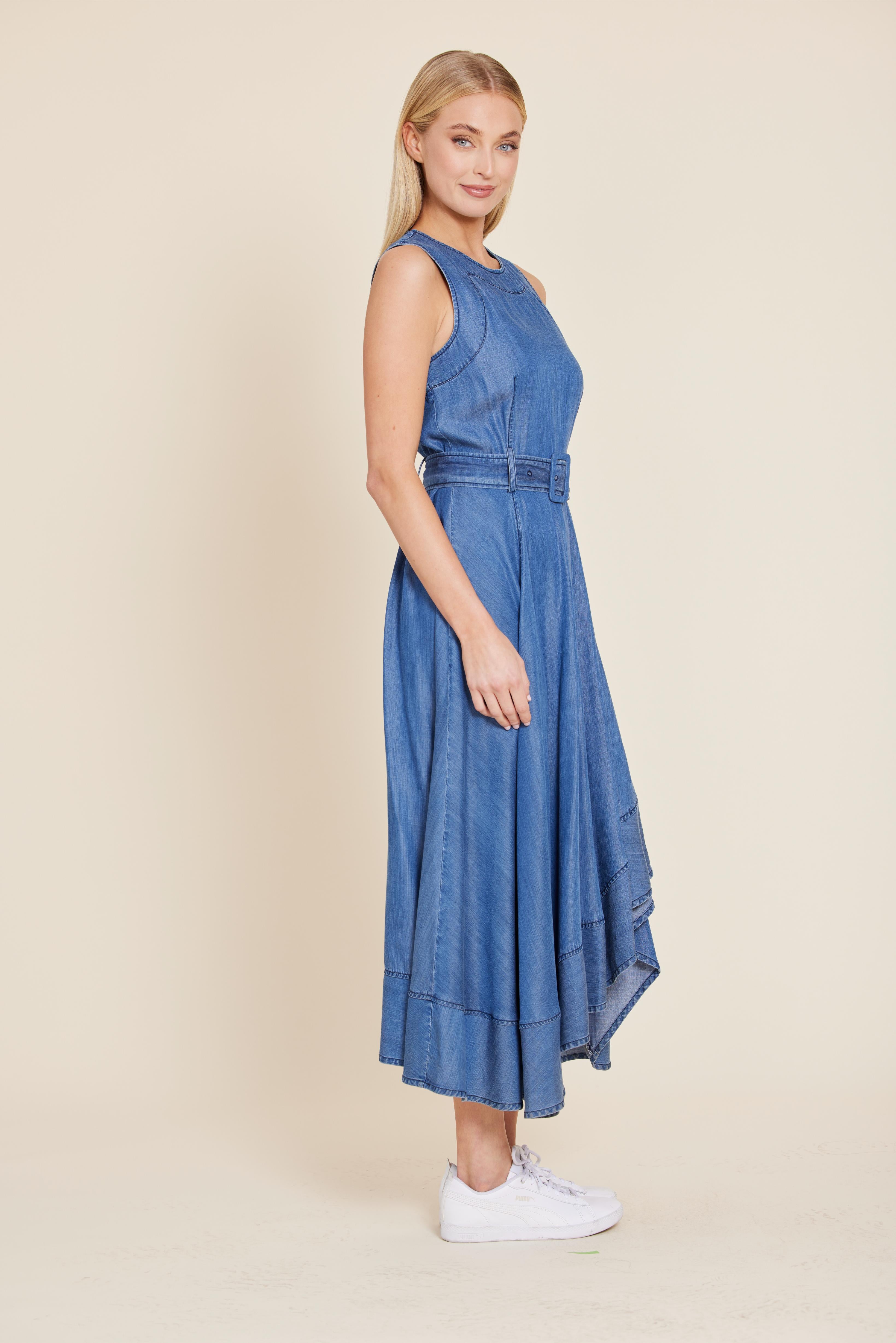 Denim Sleeveless Belted Asymmetrical Dress