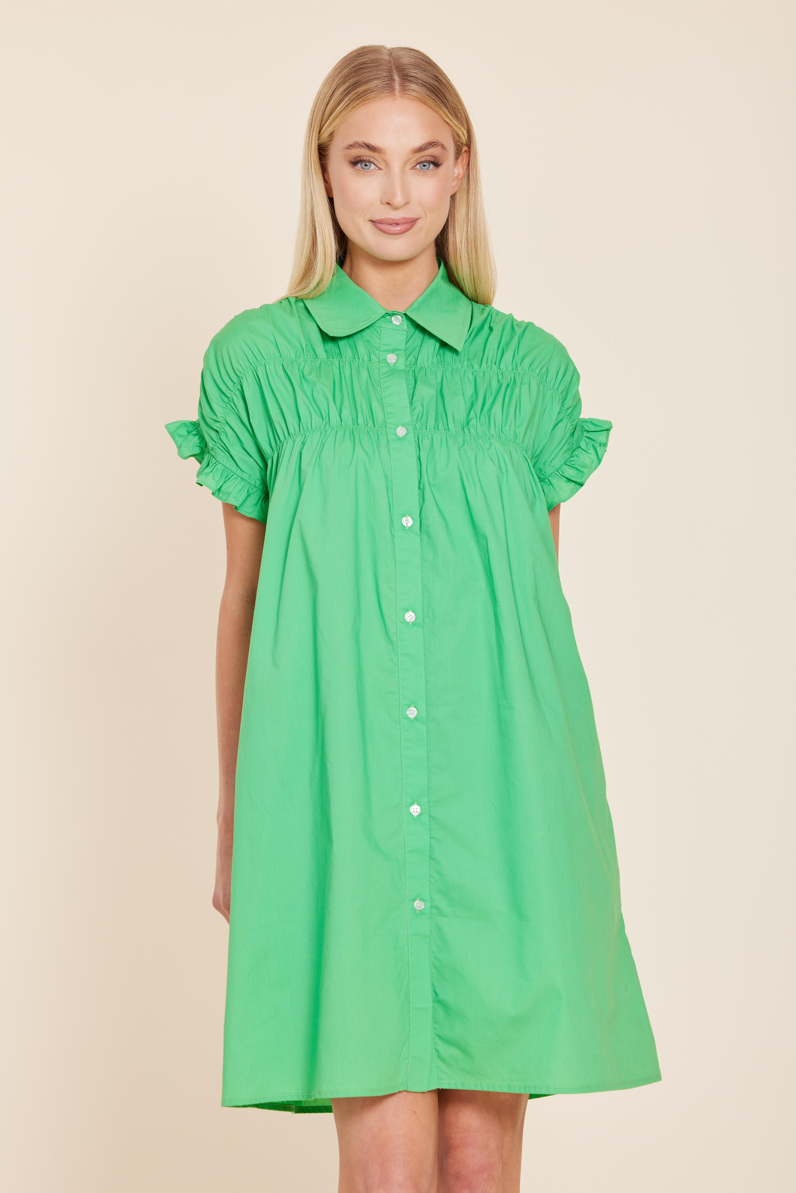 Poplin Smocked Shirt Dress Green / M
