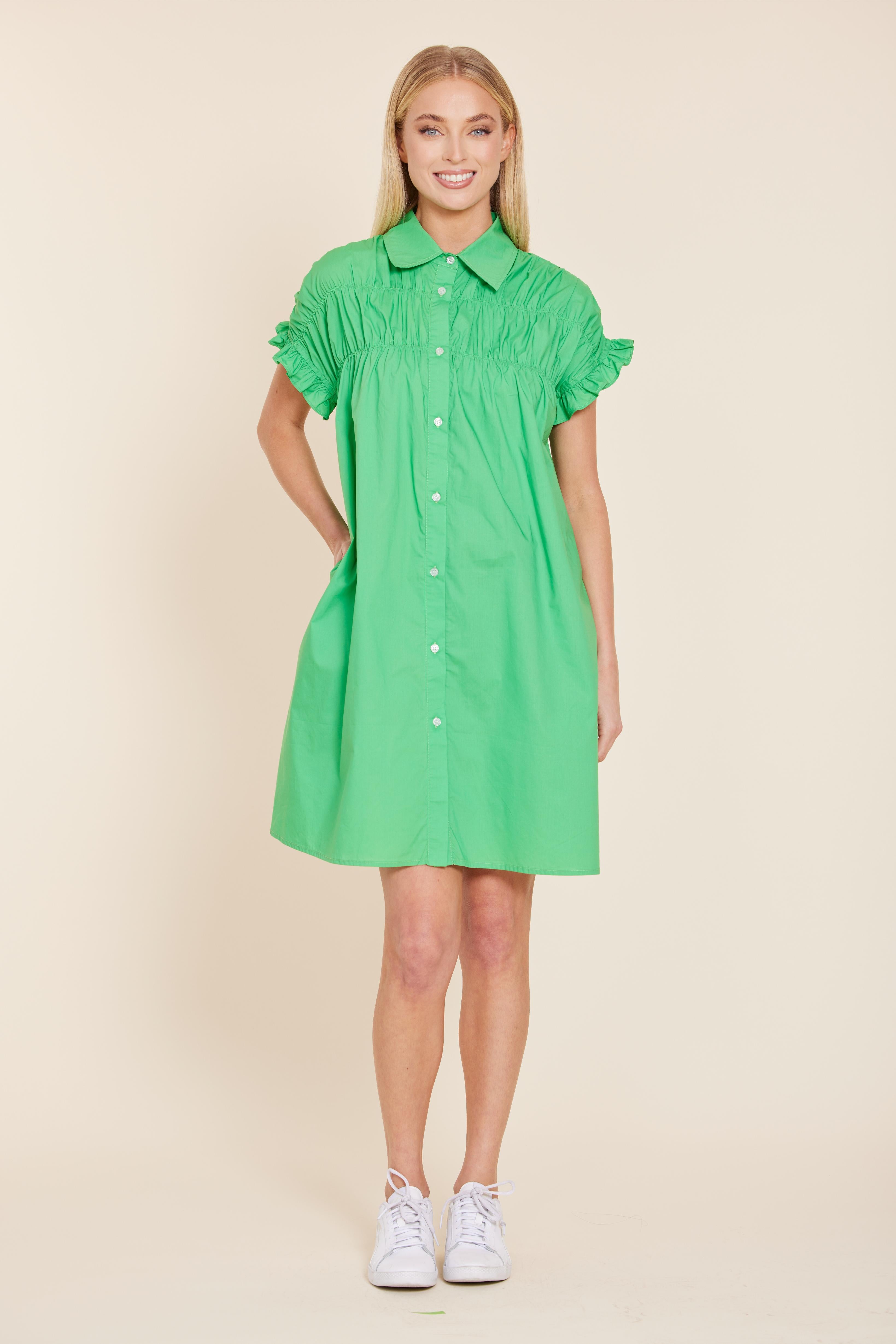 Poplin Smocked Shirt Dress Green / M