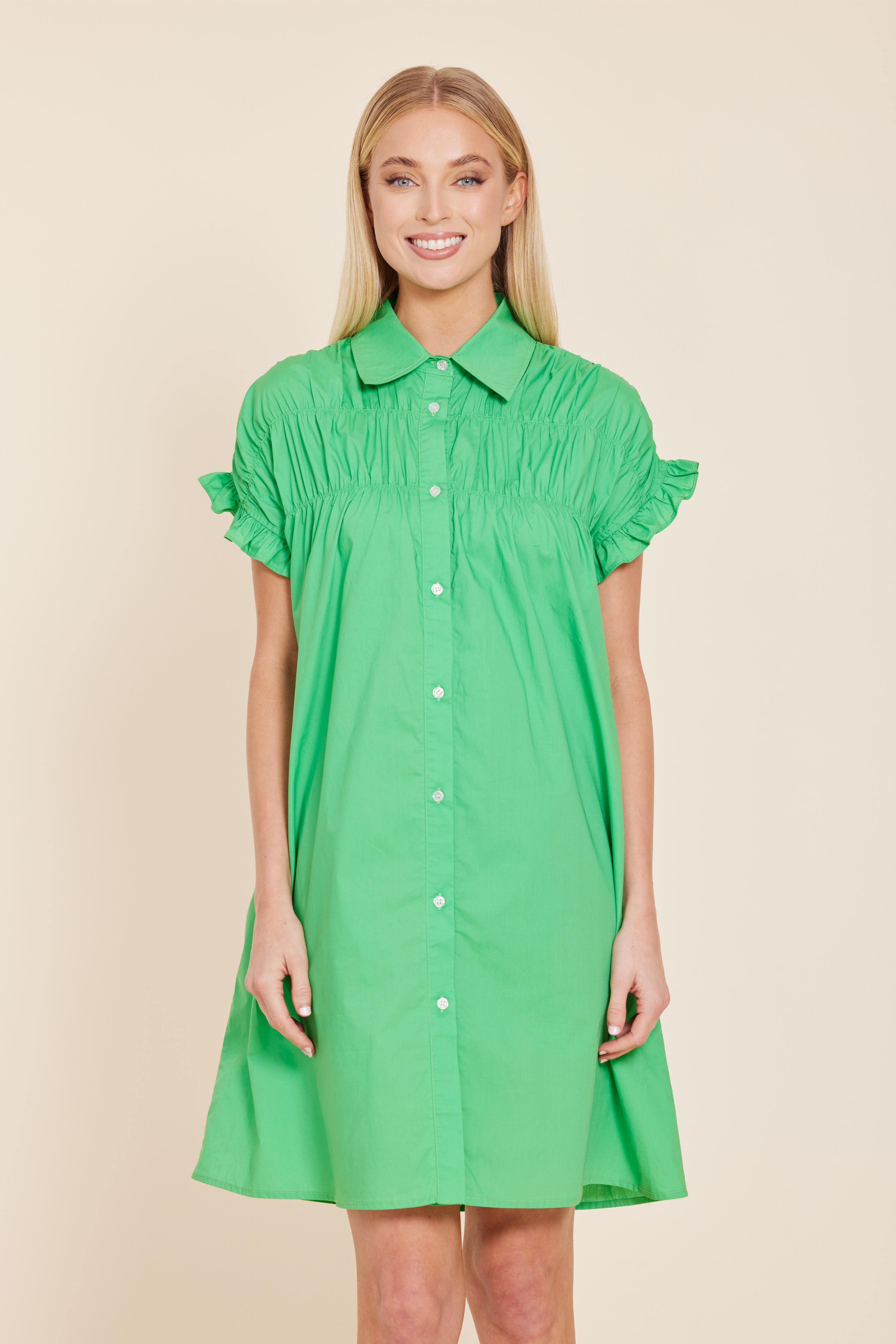 Poplin Smocked Shirt Dress Green / M