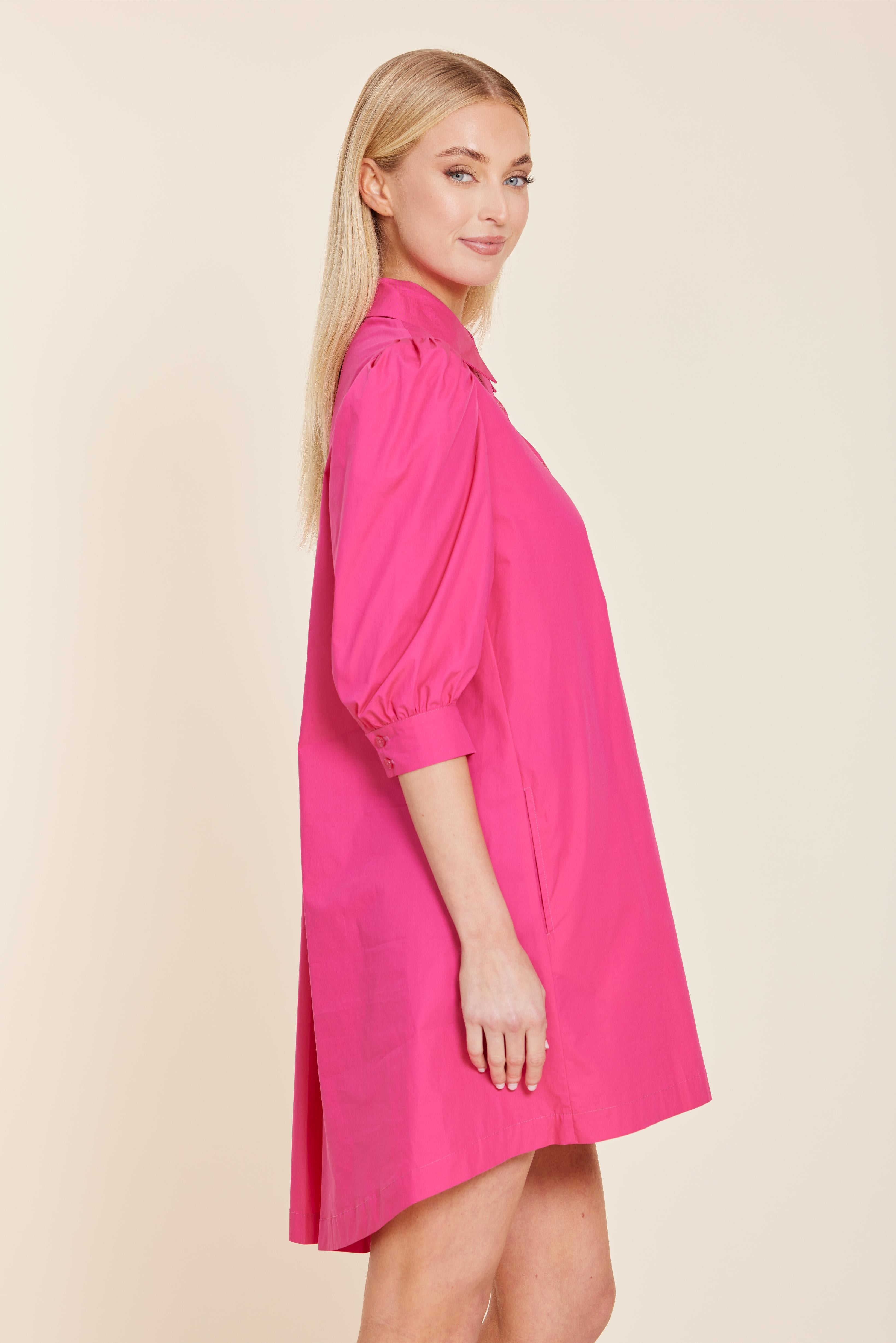 poplin puff sleeve shirt dress Poplin Puff Sleeve Shirt Dress Hot Pink / M