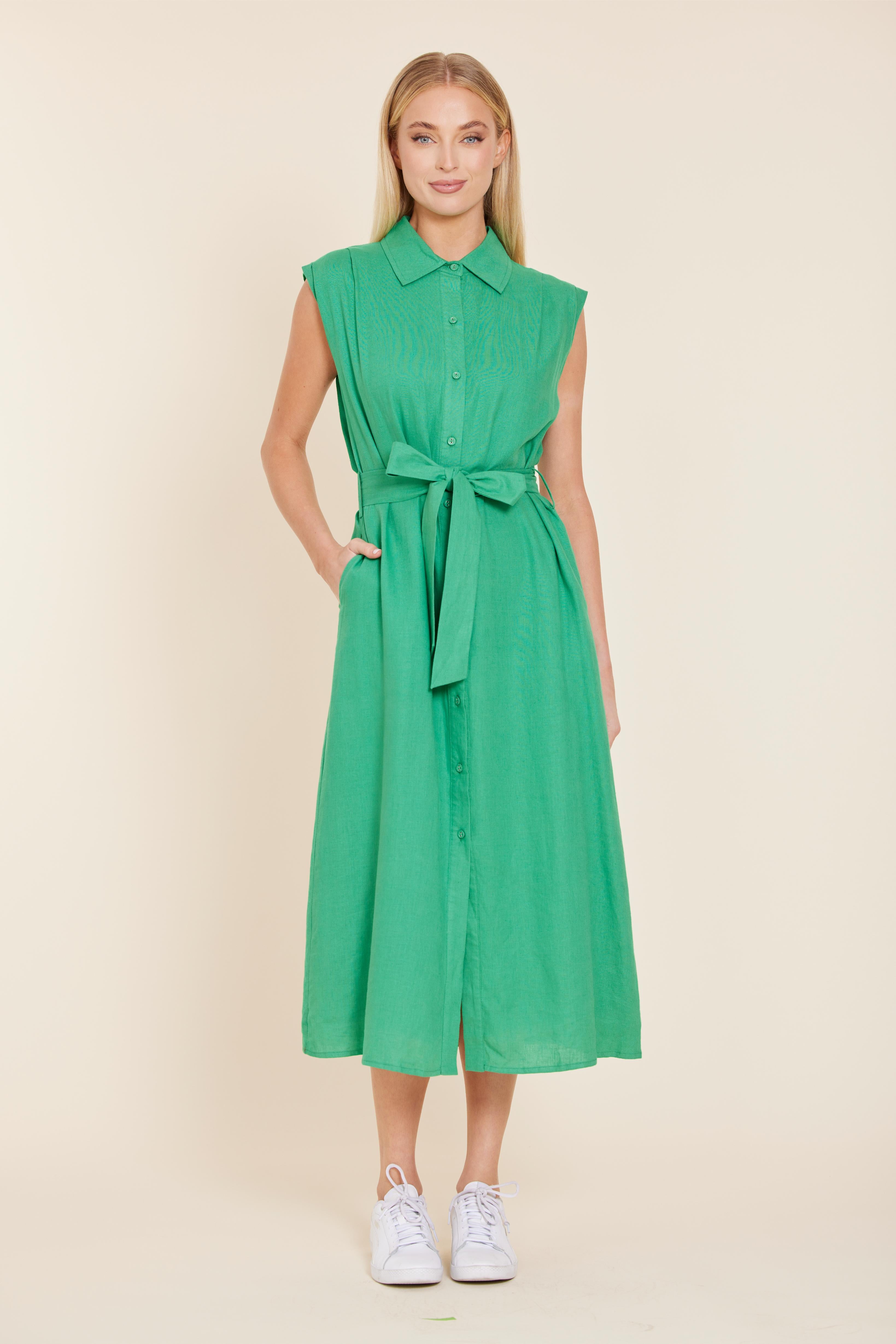 Linen Belted Midi Dress