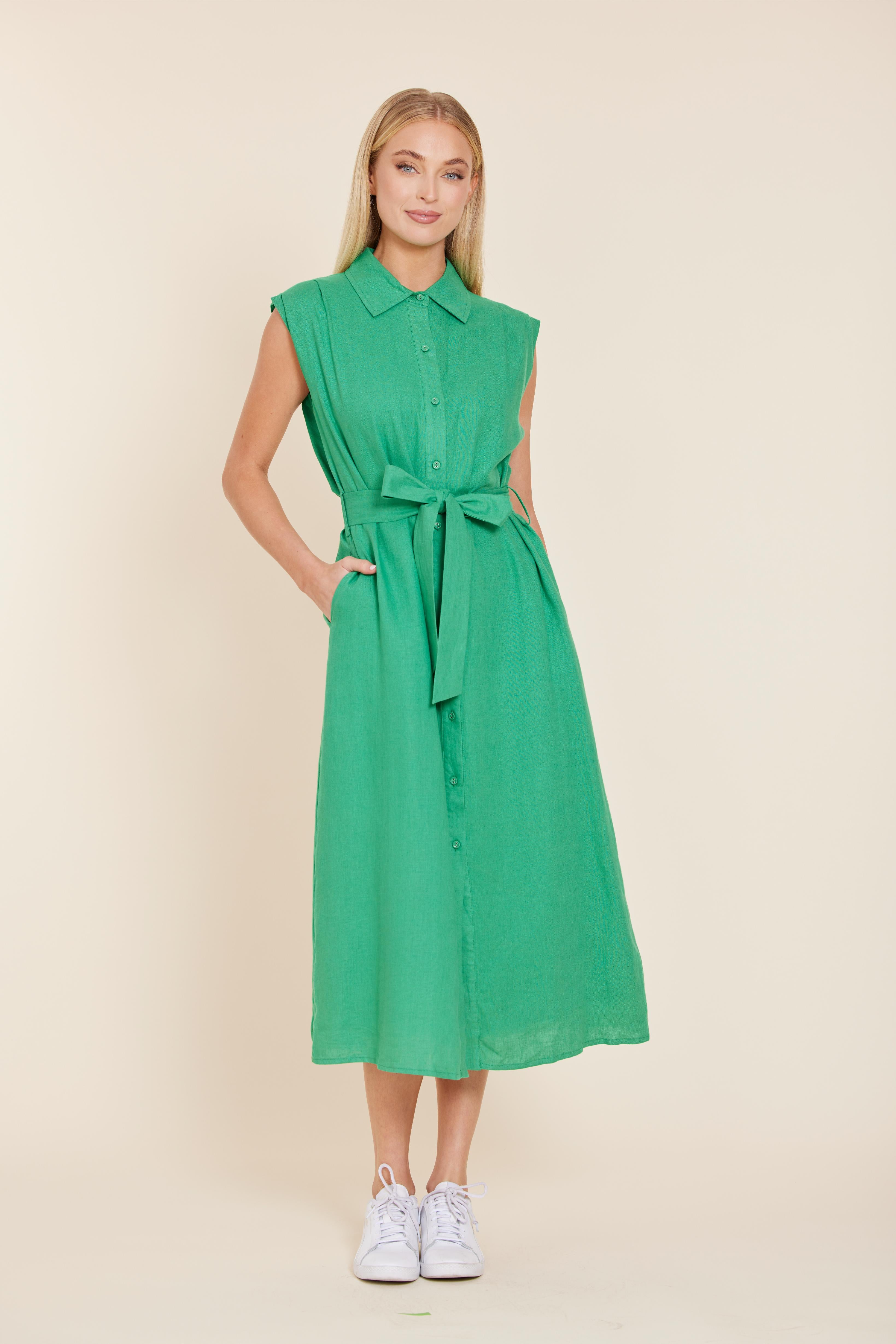 Linen Belted Midi Dress