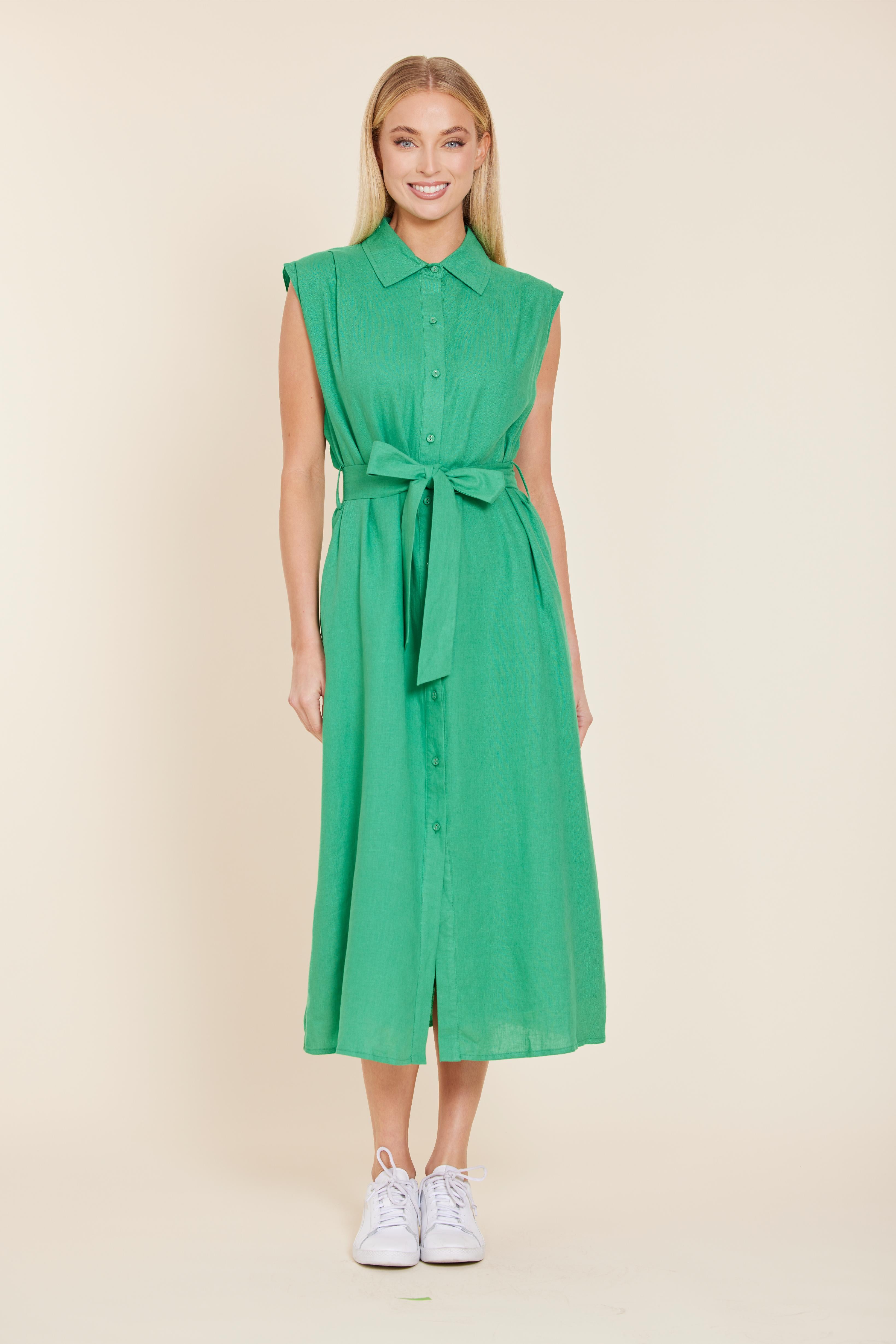 Linen Belted Midi Dress