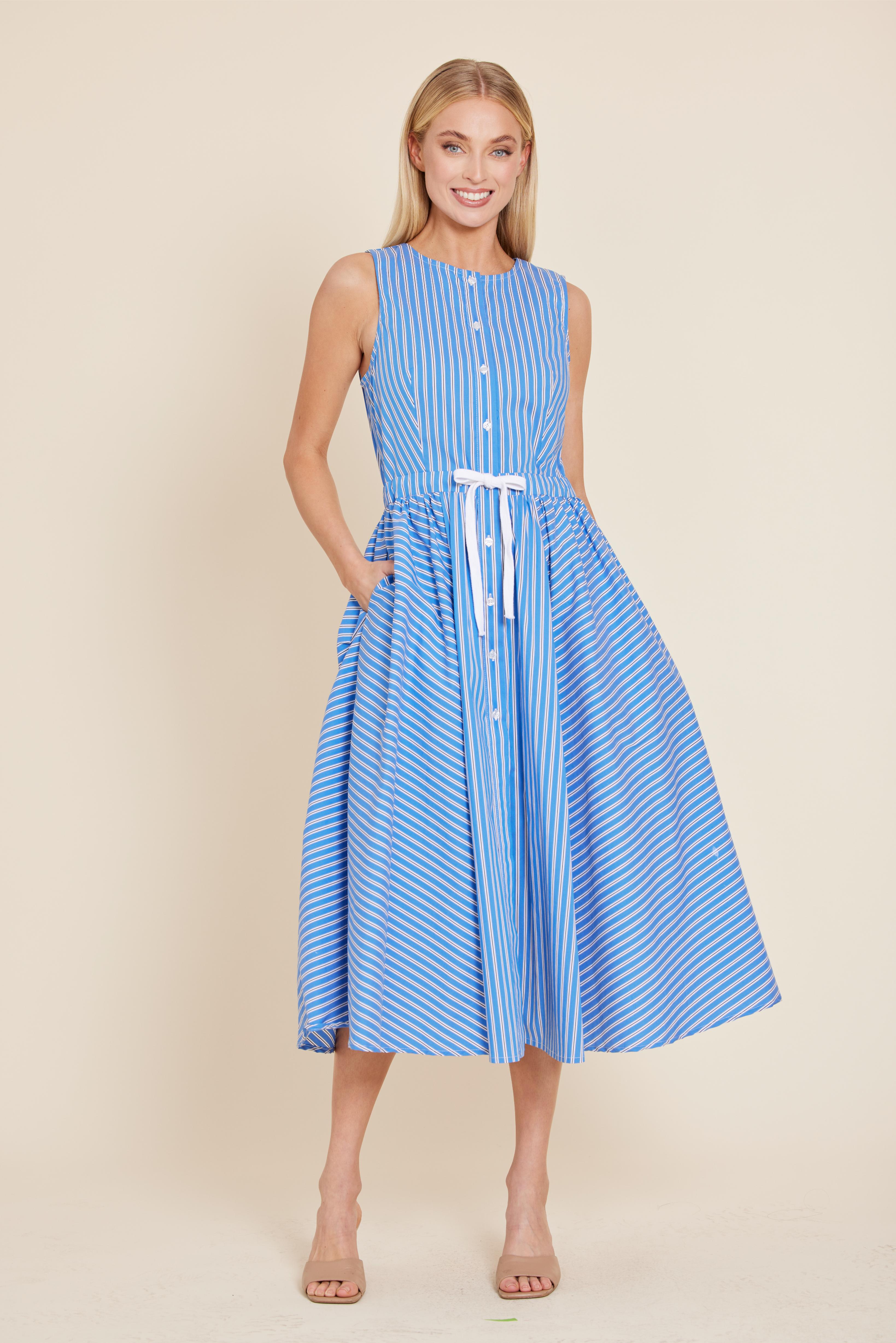 Poplin Drawstring and Bow Back Midi Dress