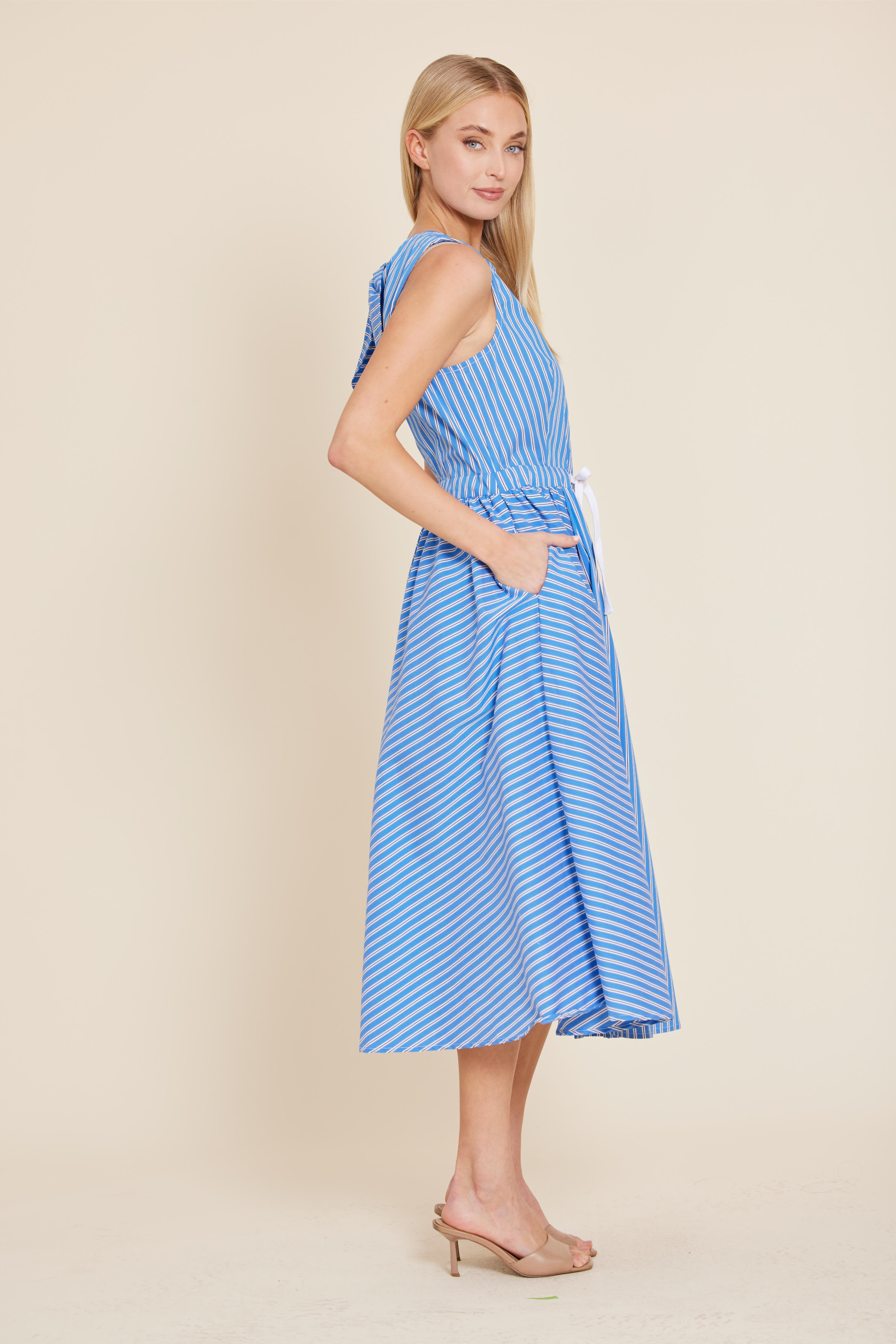 Poplin Drawstring and Bow Back Midi Dress