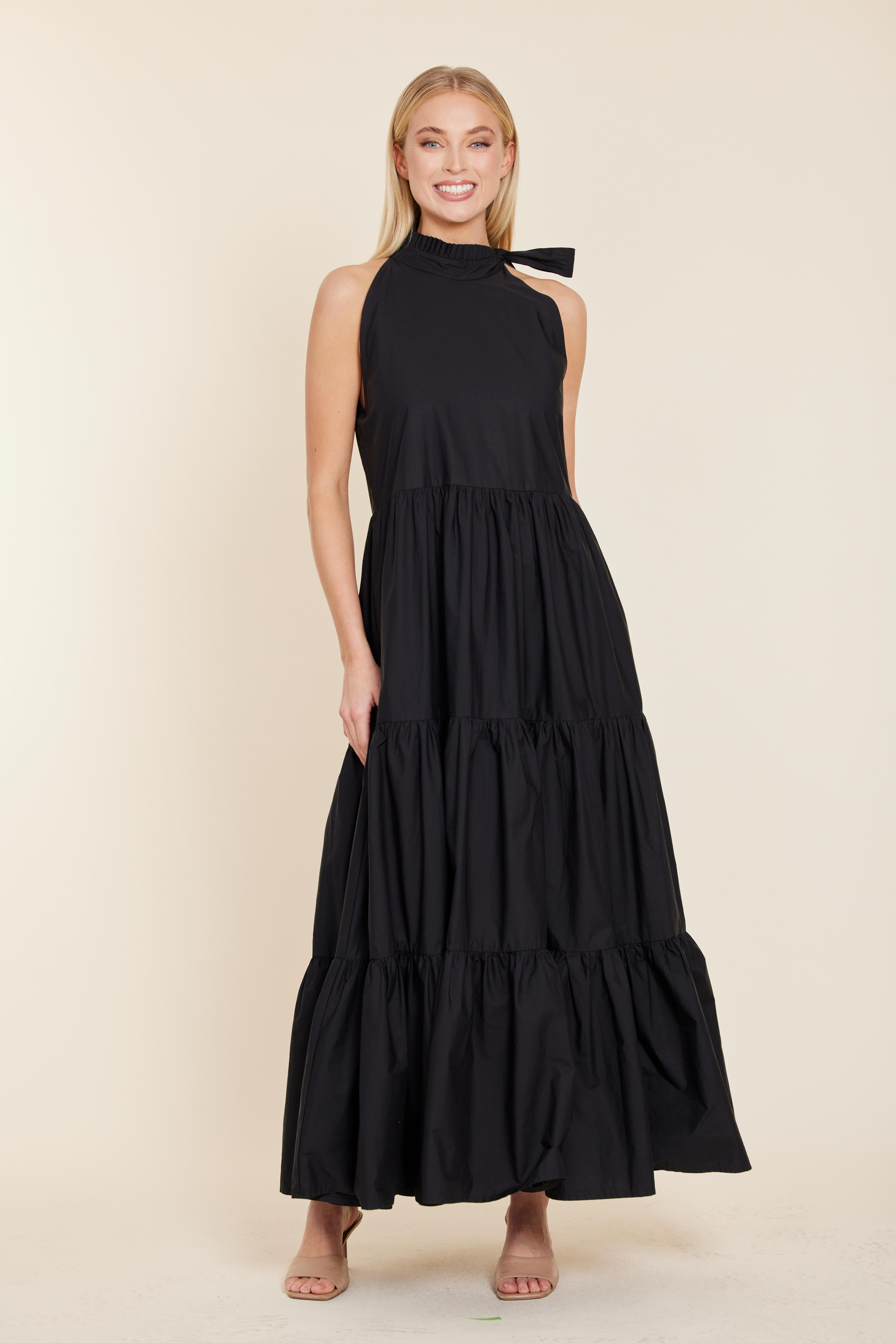 Poplin Tie Neck Tiered Maxi Dress