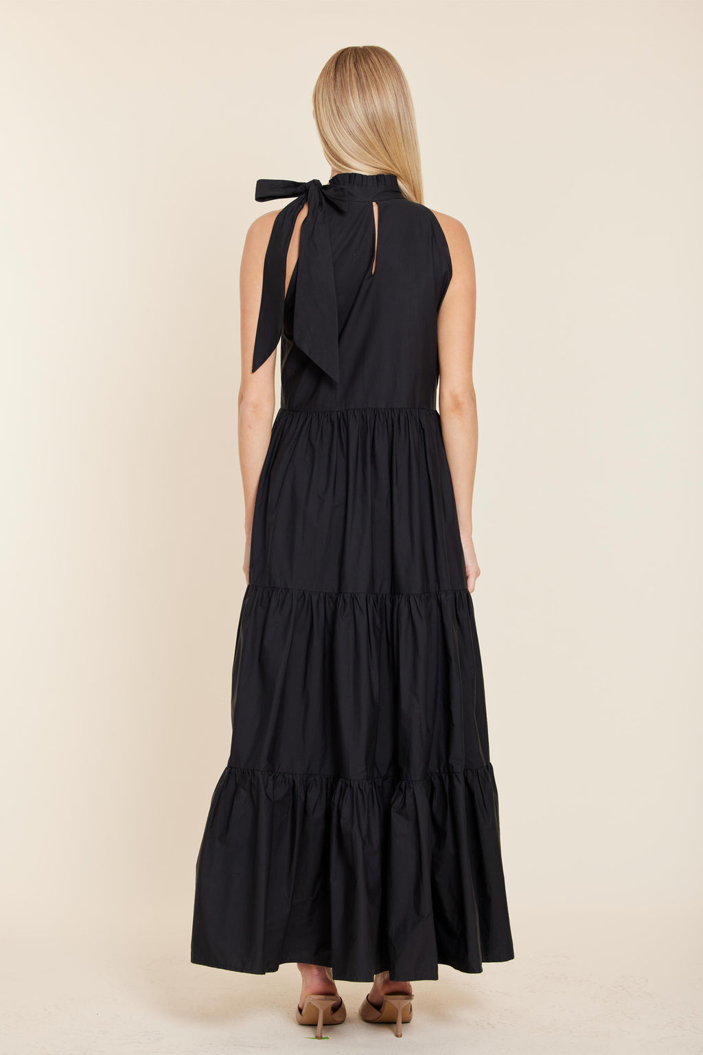 Poplin Tie Neck Tiered Maxi Dress