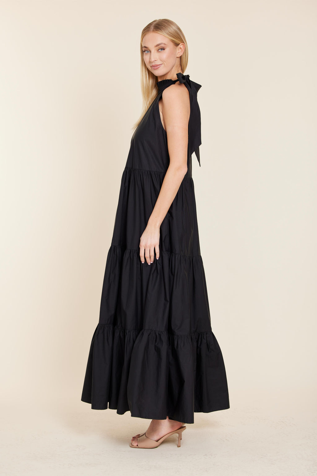 Poplin Tie Neck Tiered Maxi Dress