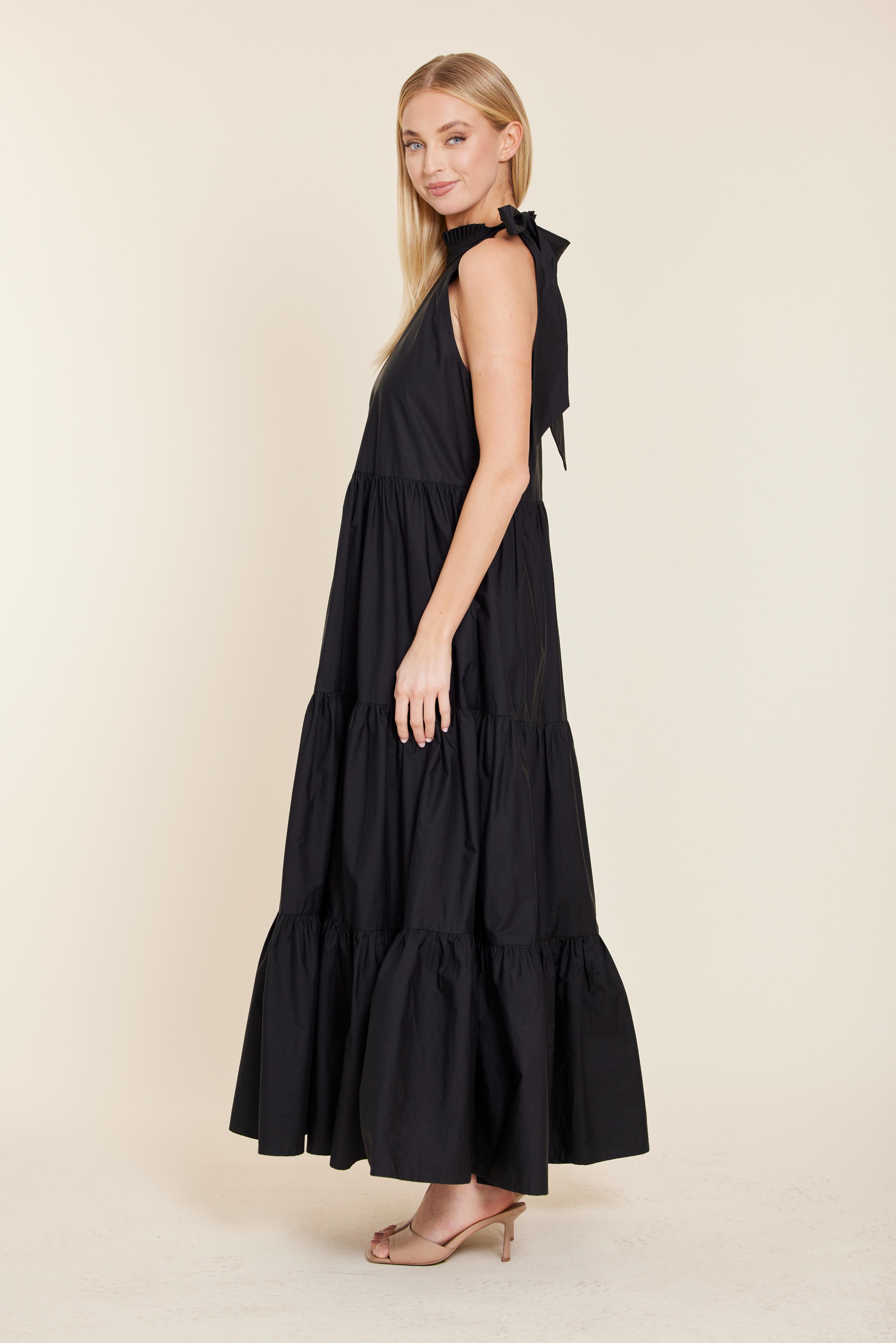 Poplin Tie Neck Tiered Maxi Dress