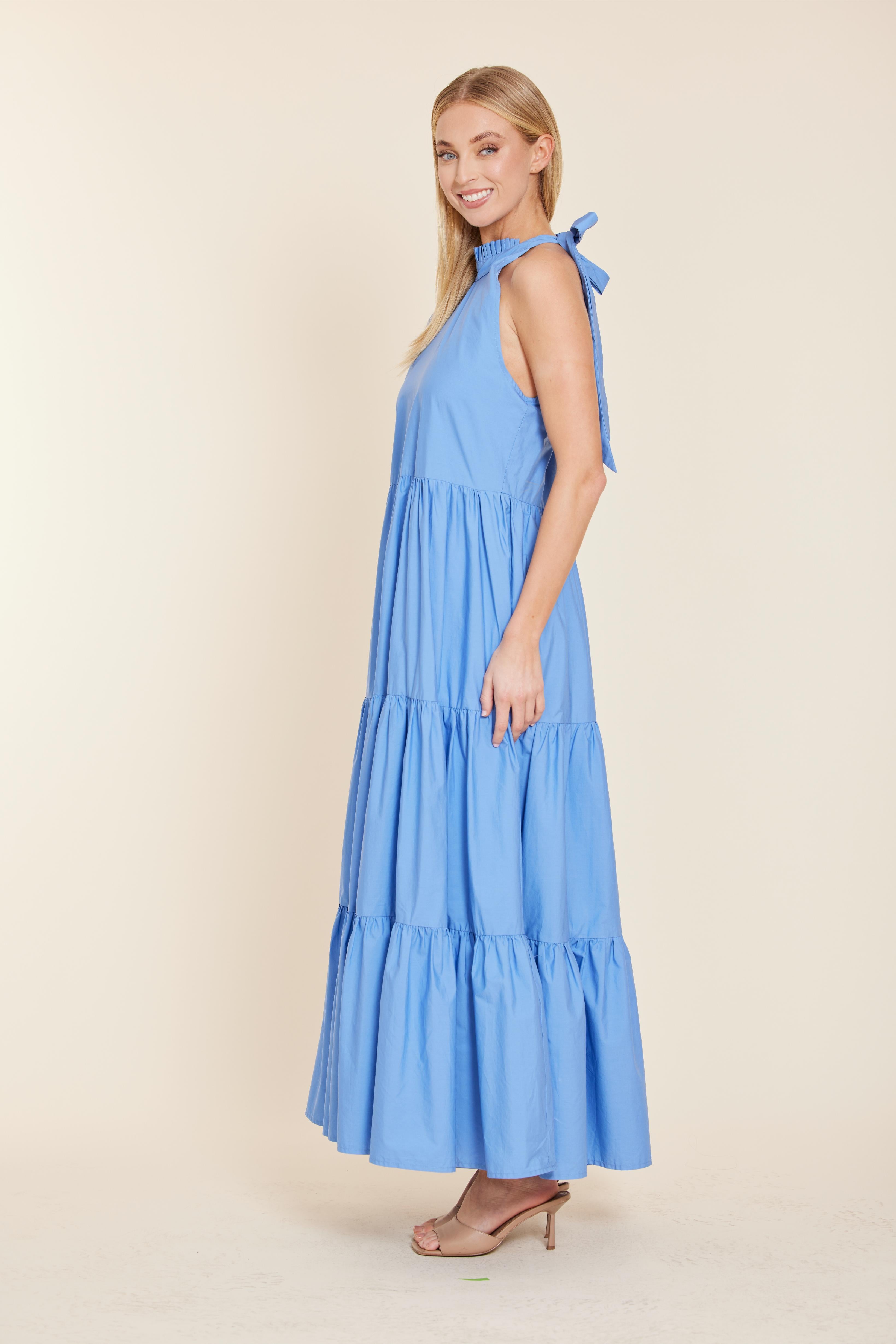 Poplin Tie Neck Tiered Maxi Dress White / XS
