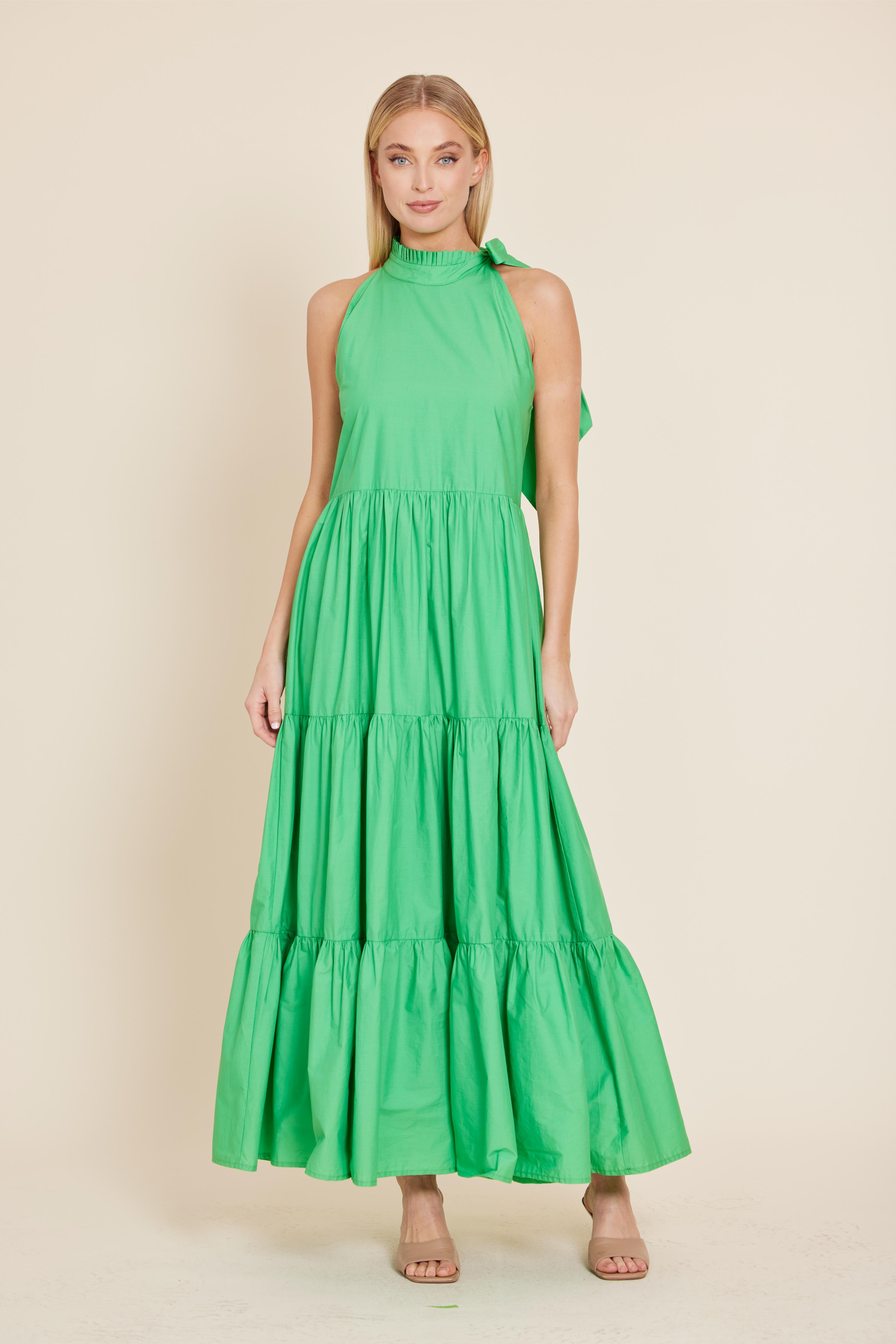 Poplin Tie Neck Tiered Maxi Dress