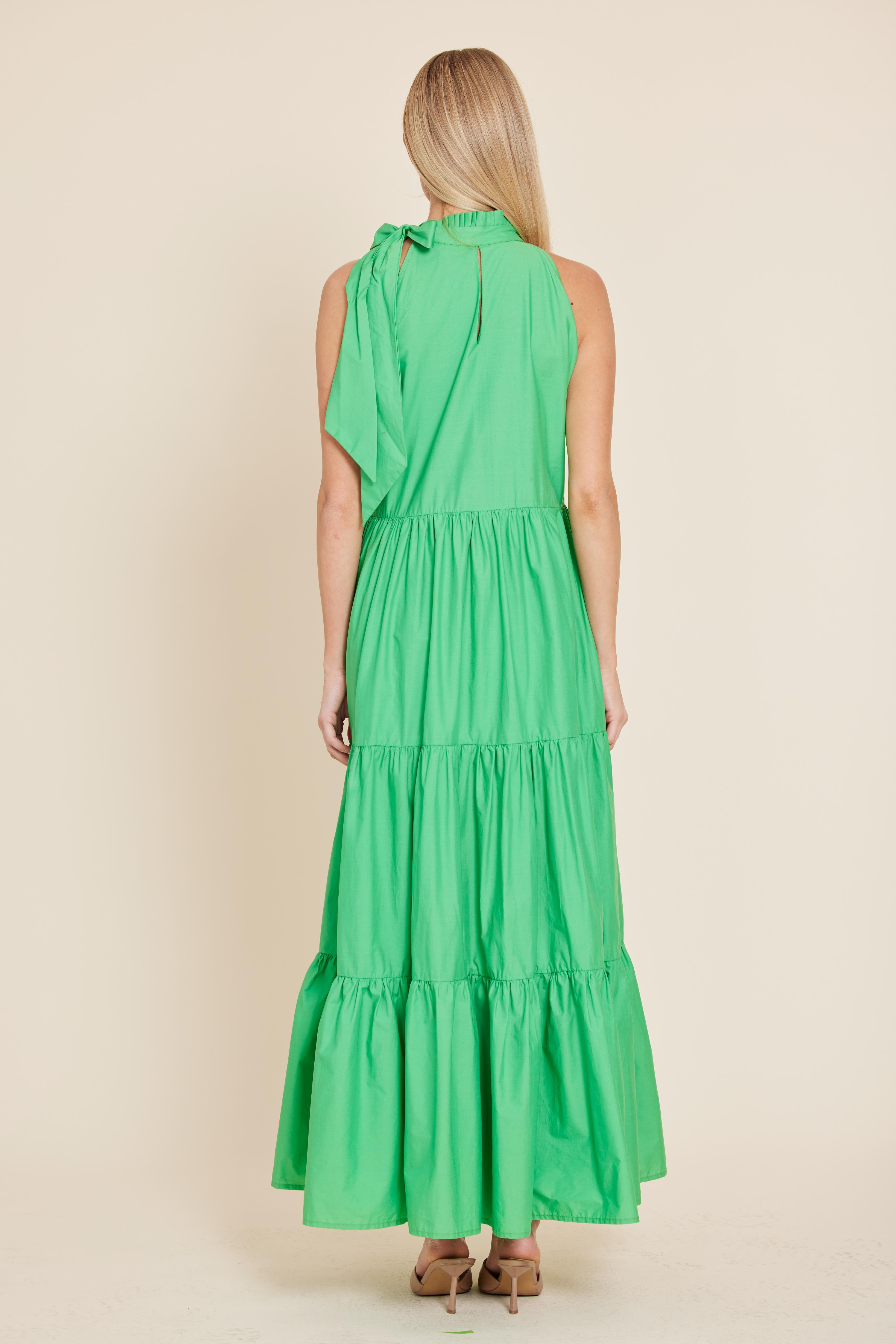 Poplin Tie Neck Tiered Maxi Dress