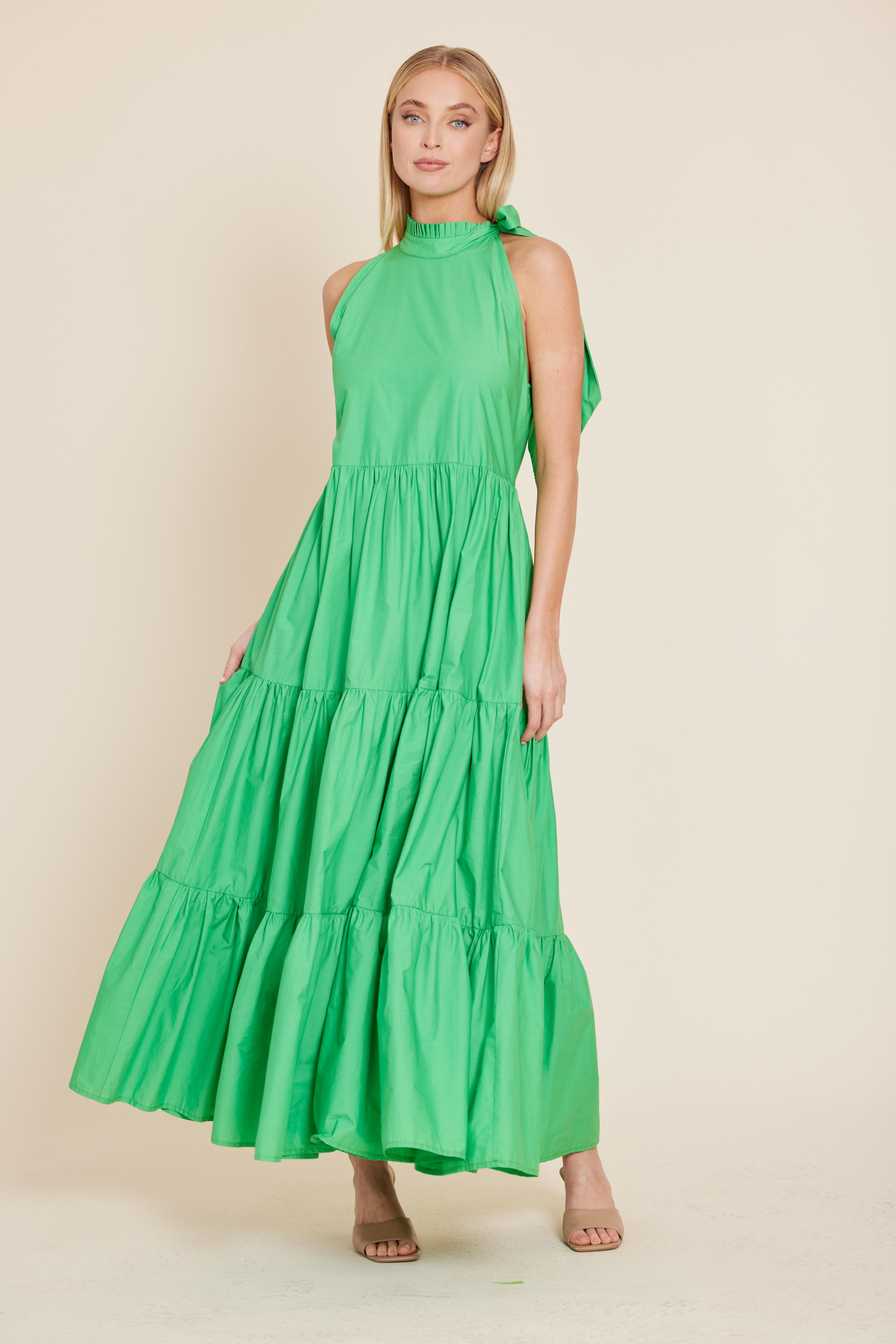 Poplin Tie Neck Tiered Maxi Dress