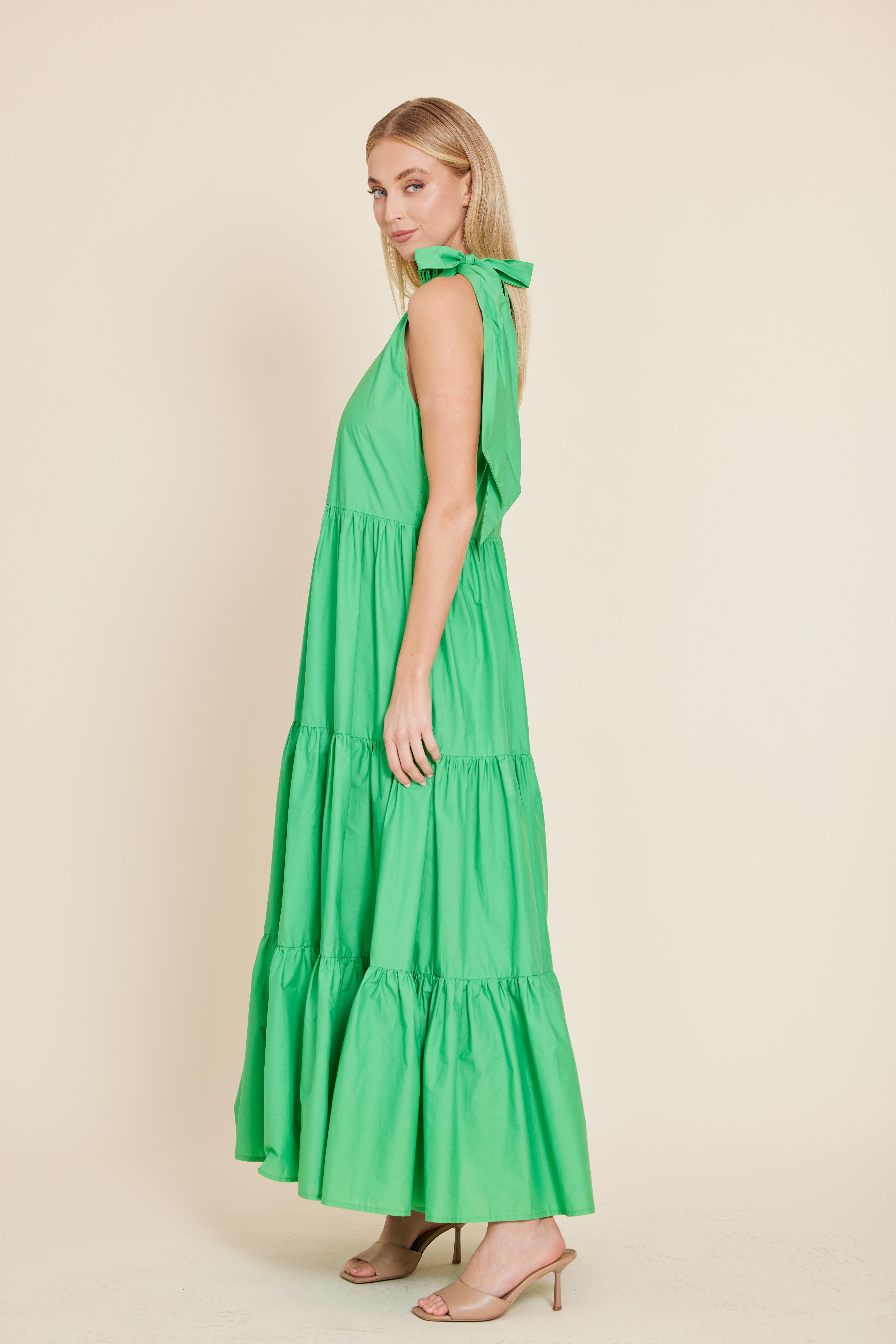 Poplin Tie Neck Tiered Maxi Dress