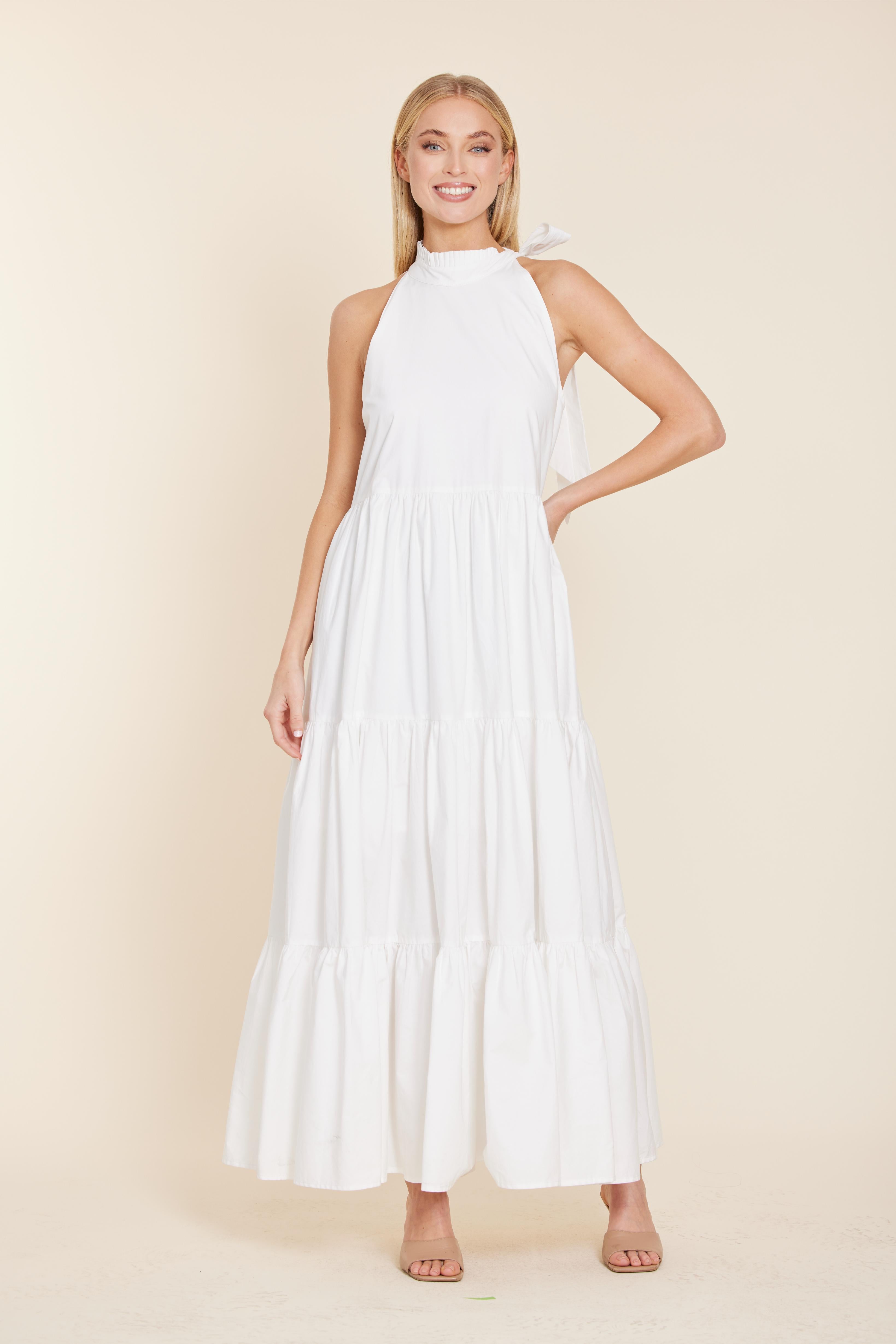 Poplin Tie Neck Tiered Maxi Dress