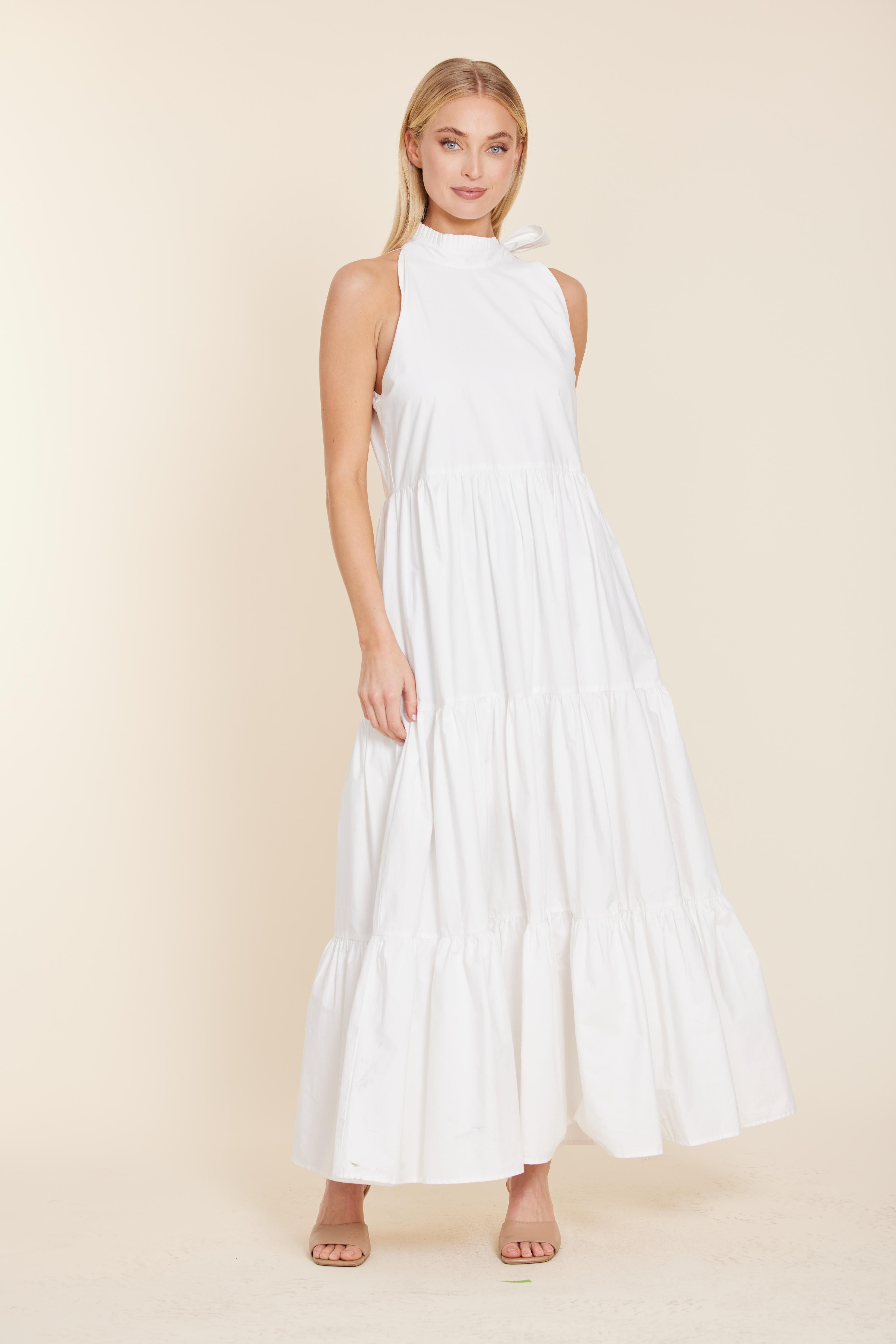Poplin Tie Neck Tiered Maxi Dress