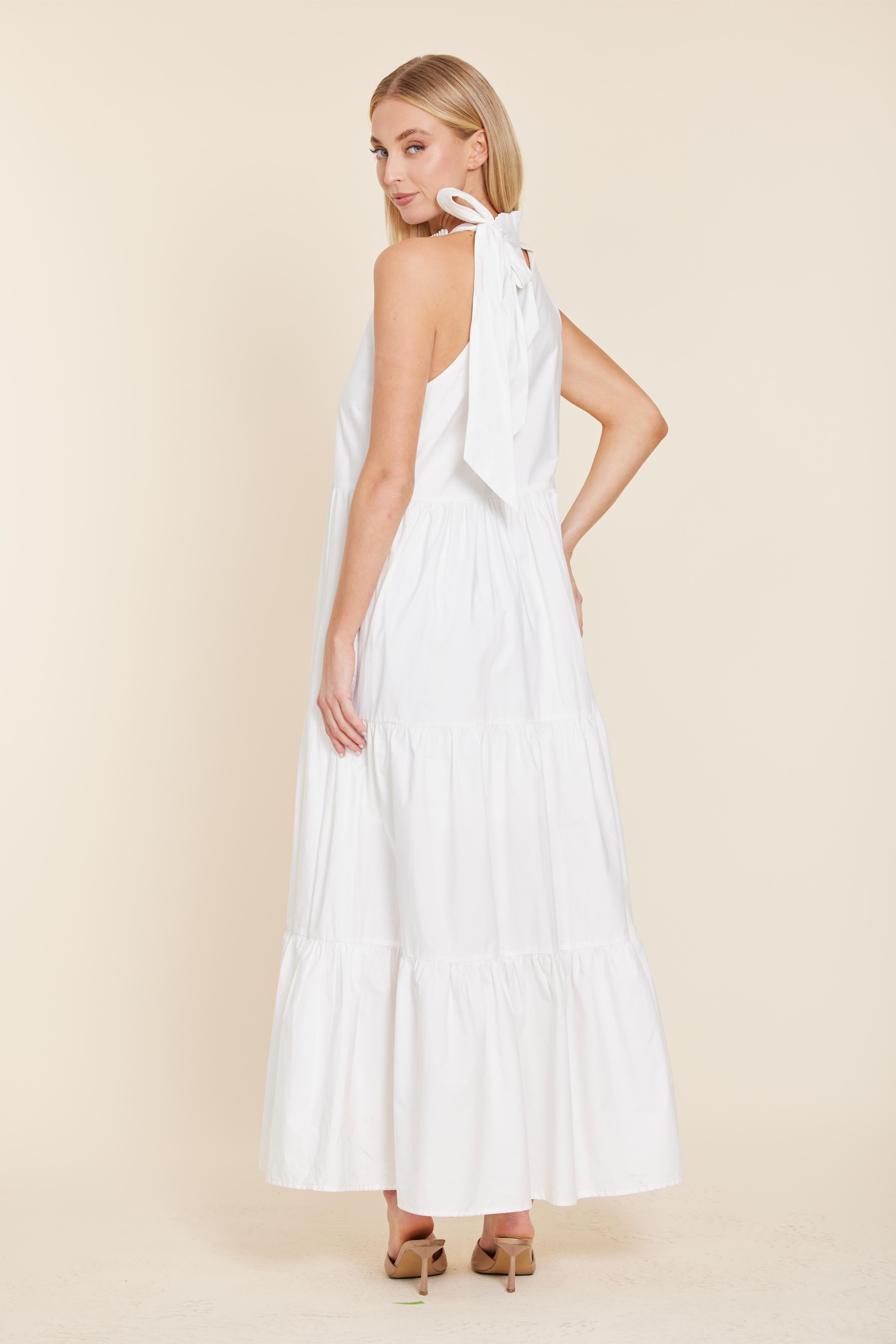 Poplin Tie Neck Tiered Maxi Dress