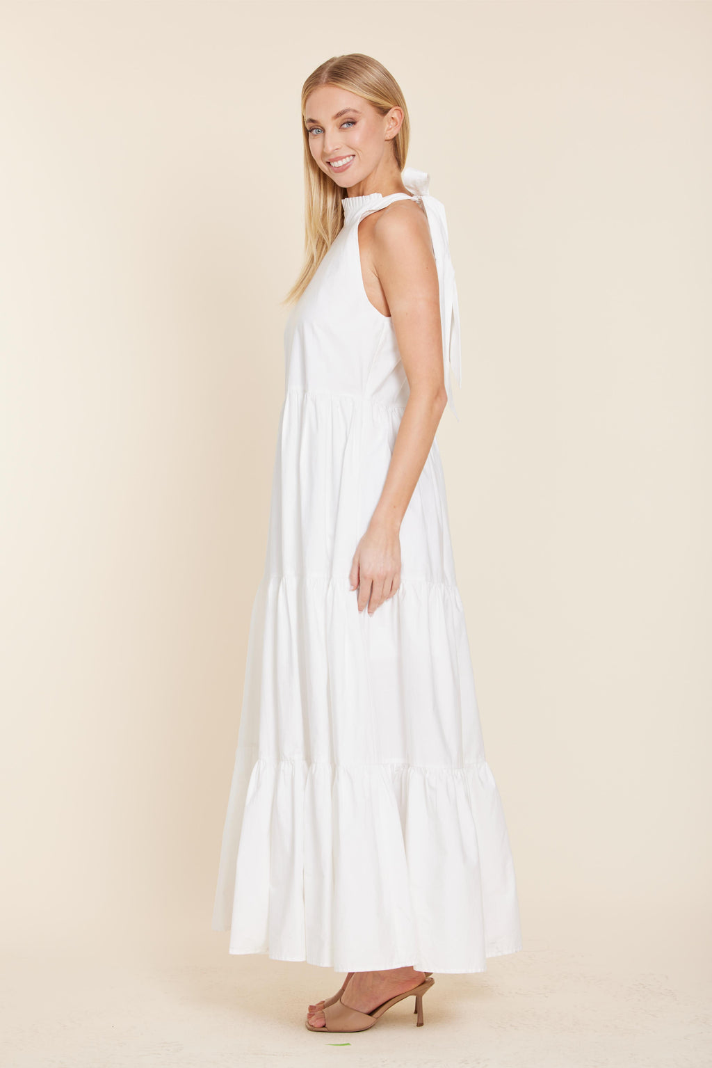 Poplin Tie Neck Tiered Maxi Dress