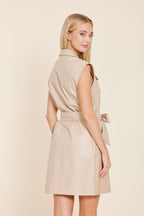 Faux Leather Belted Sleeveless Dress