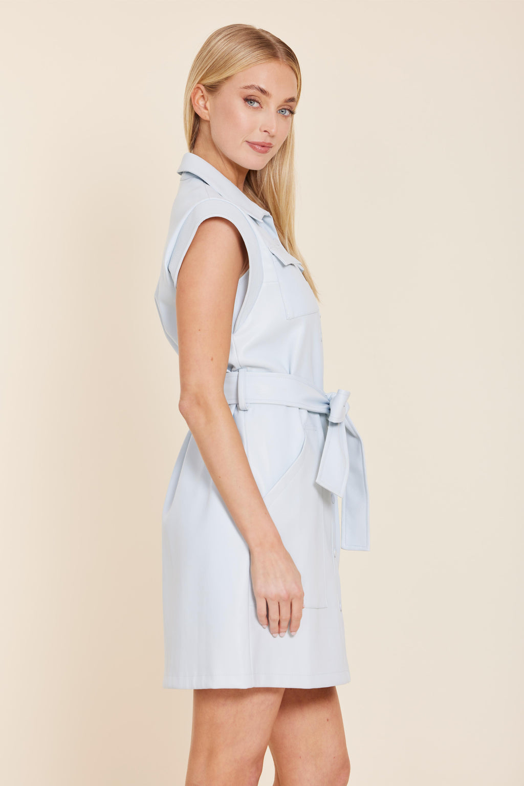 Faux Leather Belted Sleeveless Dress