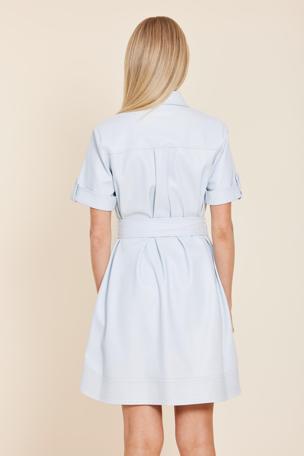 Faux Leather Belted Stitch Sleeve Dress