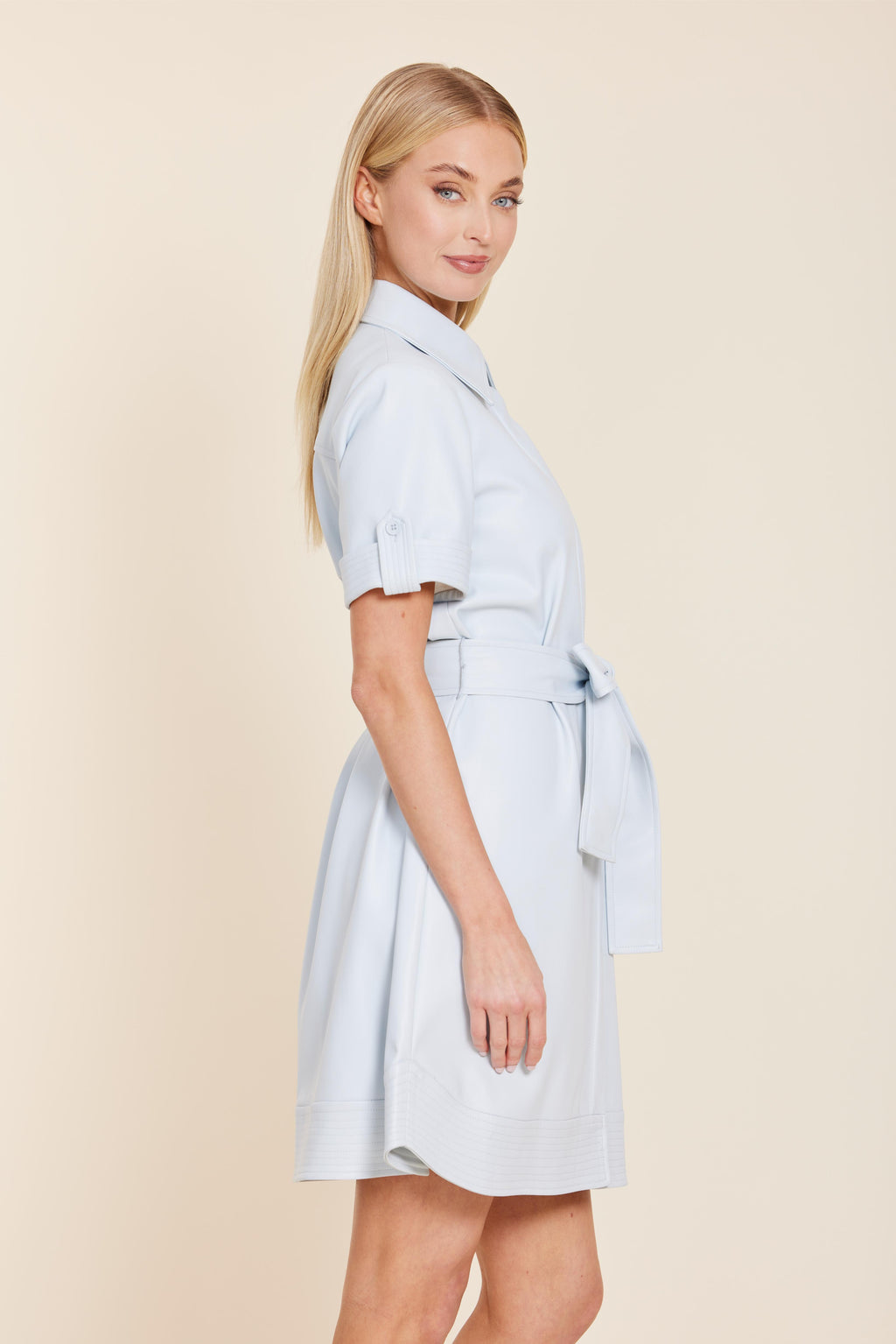 Faux Leather Belted Stitch Sleeve Dress